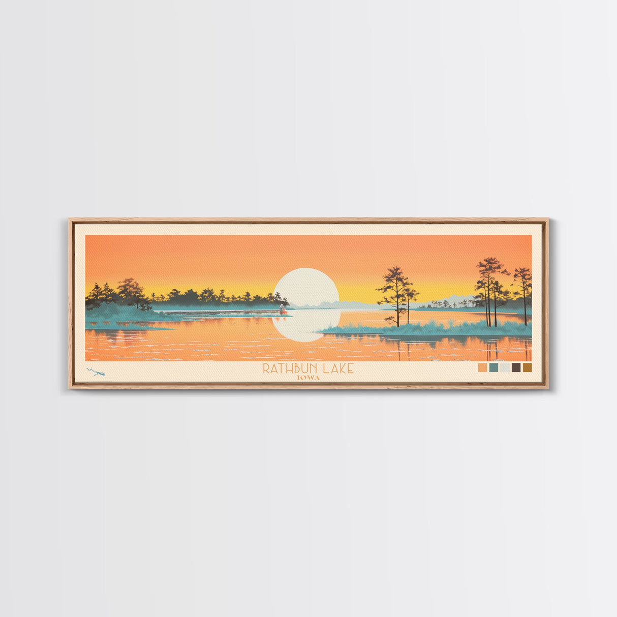 Rathbun Lake, Iowa Framed Canvas Print, Home Decor, Midcentury Modern, Panoramic Wall Art, Travel Poster, Pop Art