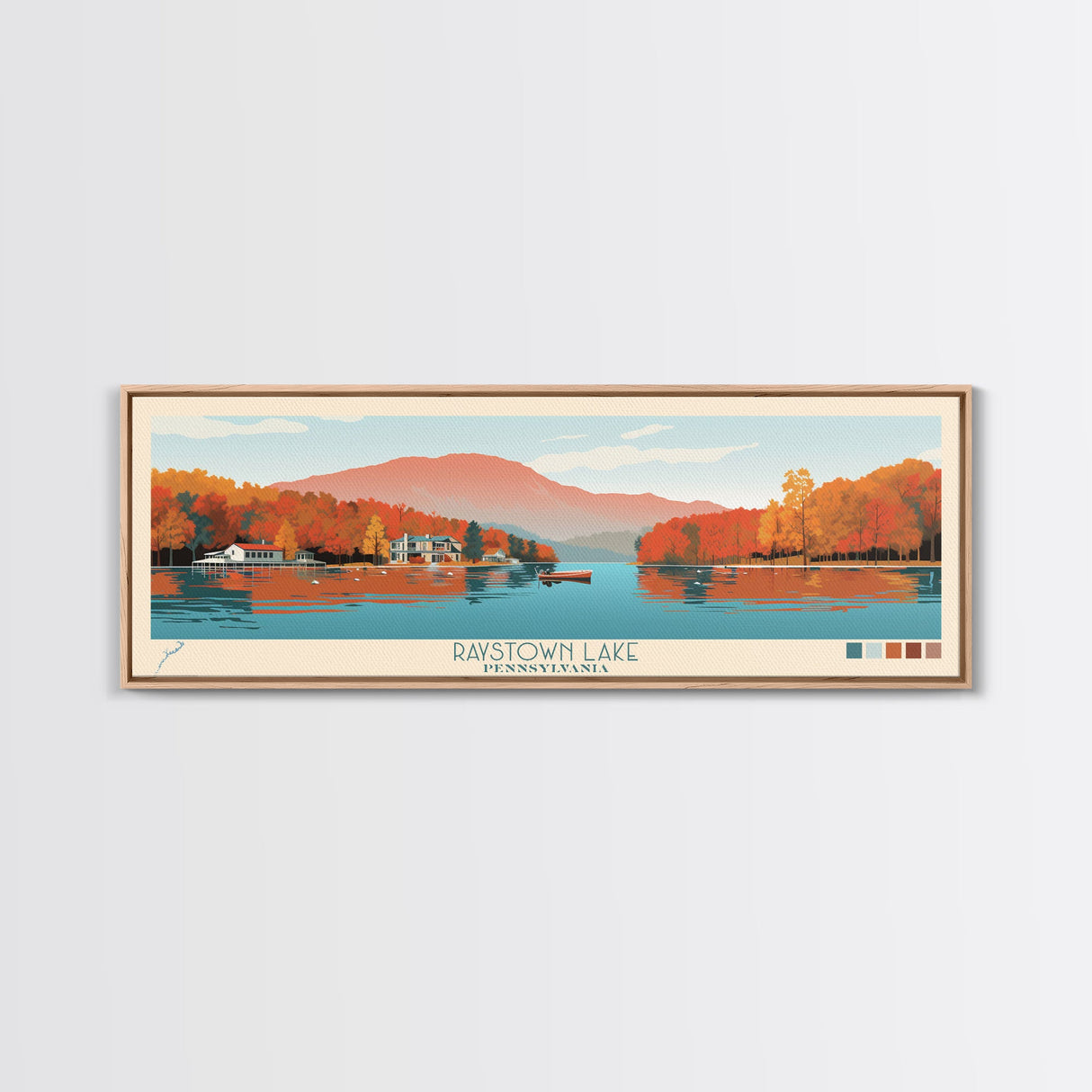 Raystown Lake, Pennsylvania Framed Canvas Print, Living Room Art, Midcentury Modern, Panoramic Travel Poster, Wall Art, Pop Art