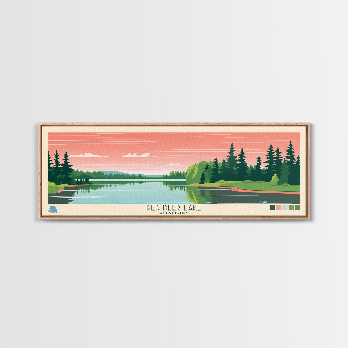 Red Deer Lake, Manitoba Framed Canvas Print, Panoramic Travel Poster, Midcentury Modern Art, Wall Decor, Pop Art, Home Decoration