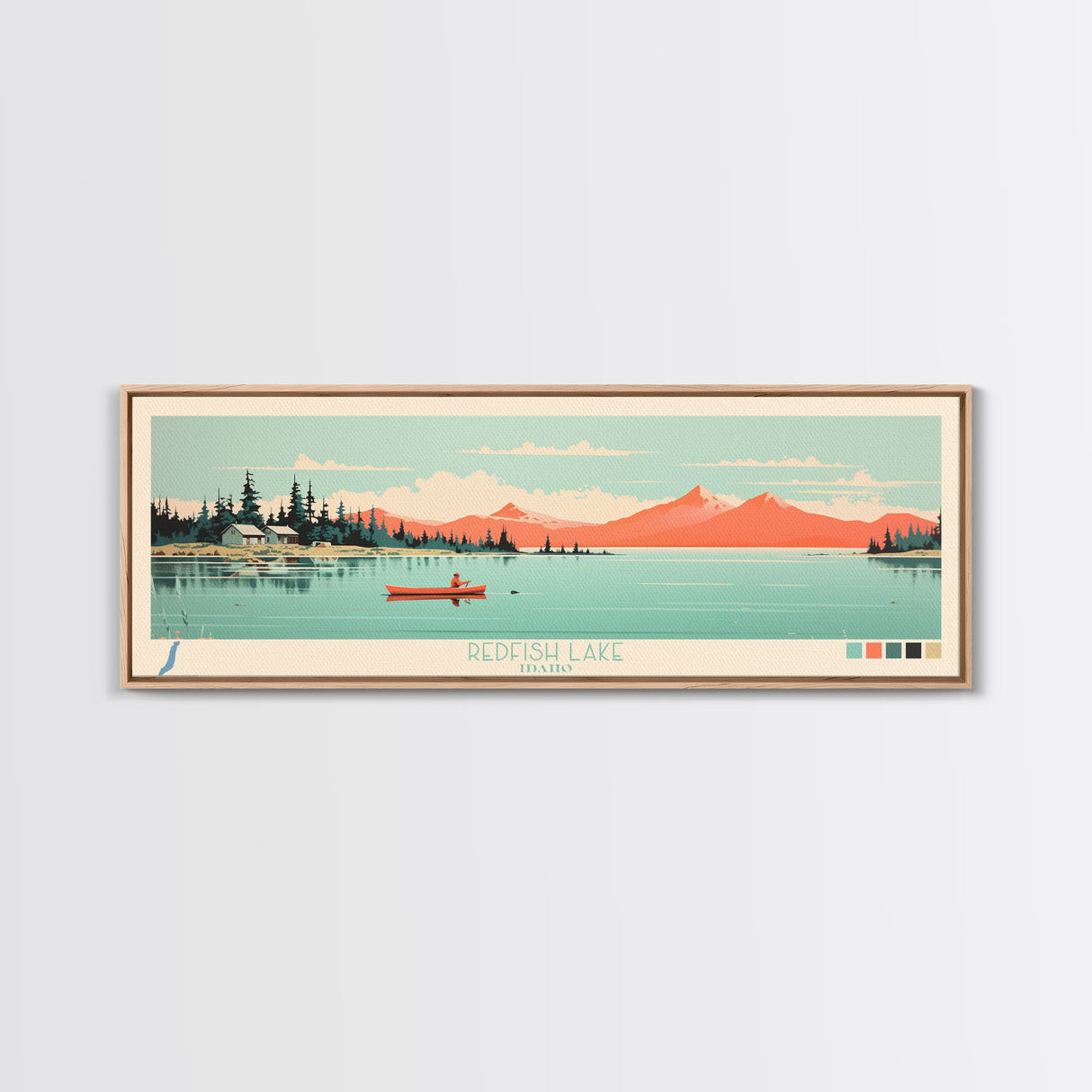 Redfish Lake, Idaho Framed Canvas Print, Panoramic Wall Art, Midcentury Modern Decor, Living Room Art, Pop Art, Travel Poster