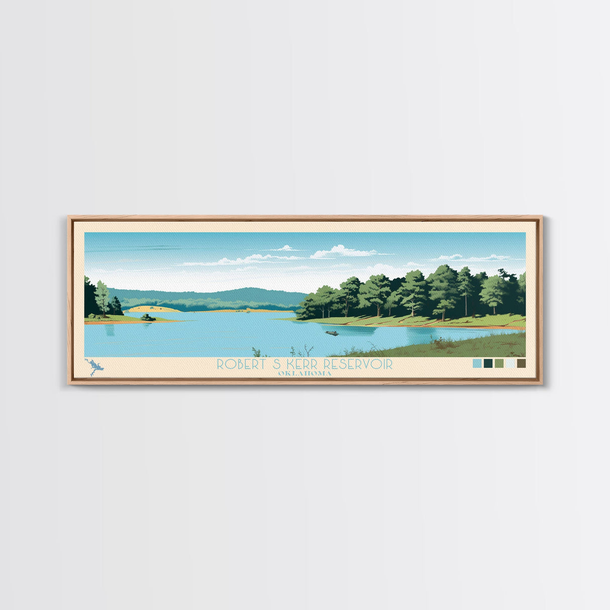 Robert S. Kerr Reservoir, Oklahoma Framed Canvas Print, Panoramic Wall Art, Midcentury Modern Decor, Home Decoration, Pop Art, Travel Poster