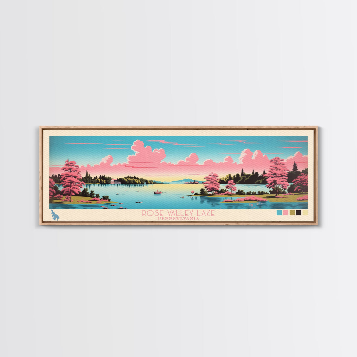 Rose Valley Lake, Pennsylvania Framed Canvas Print, Panoramic Travel Poster, Midcentury Modern Art, Bedroom Decor, Pop Art, Wall Art