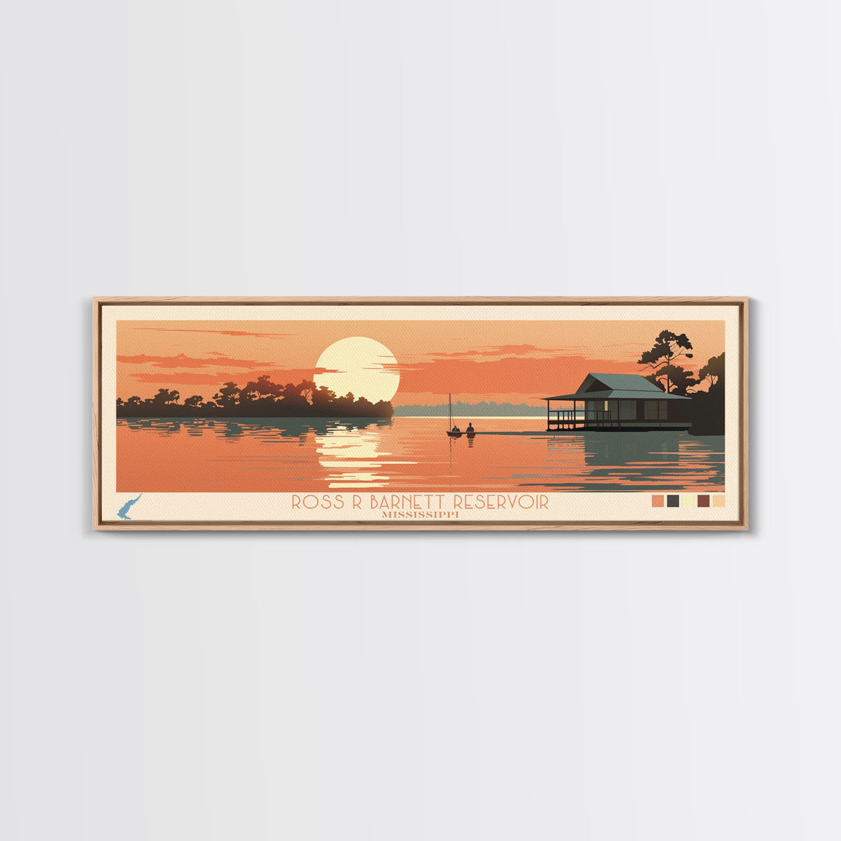 Ross R. Barnett Reservoir, Mississippi Framed Canvas Print, Panoramic Travel Poster, Midcentury Modern Art, Home Decoration, Pop Art, Wall Art