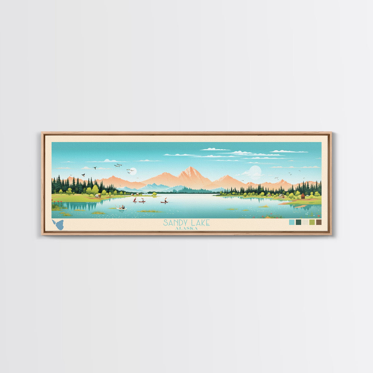 Sandy Lake, Alaska Framed Canvas Print, Panoramic Travel Poster, Midcentury Modern Art, Living Room Decor, Pop Art, Wall Art