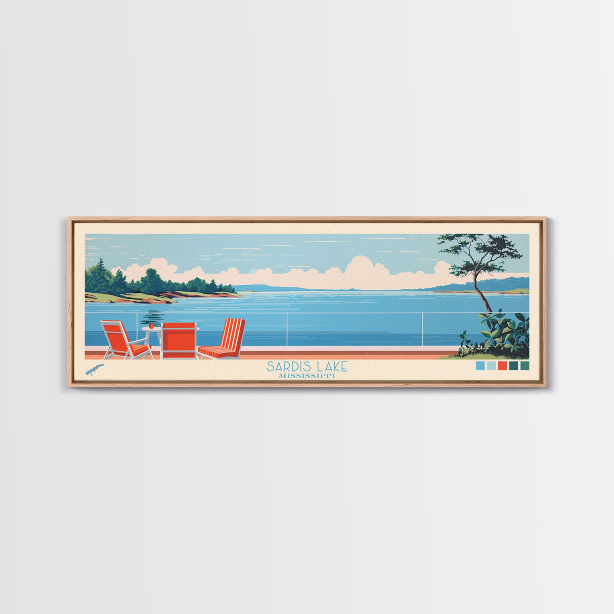 Sardis Lake, Mississippi Framed Canvas Print, Panoramic Wall Art, Midcentury Modern Decor, Bedroom Art, Pop Art, Travel Poster