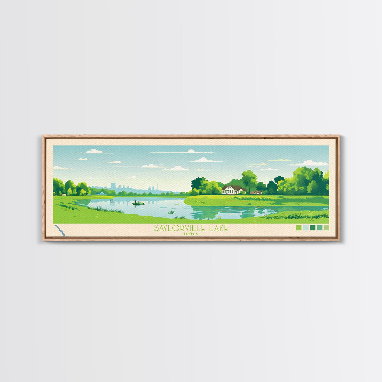 Saylorville Lake, Iowa Framed Canvas Print, Panoramic Travel Poster, Midcentury Modern Art, Home Decor, Pop Art, Bedroom Decoration