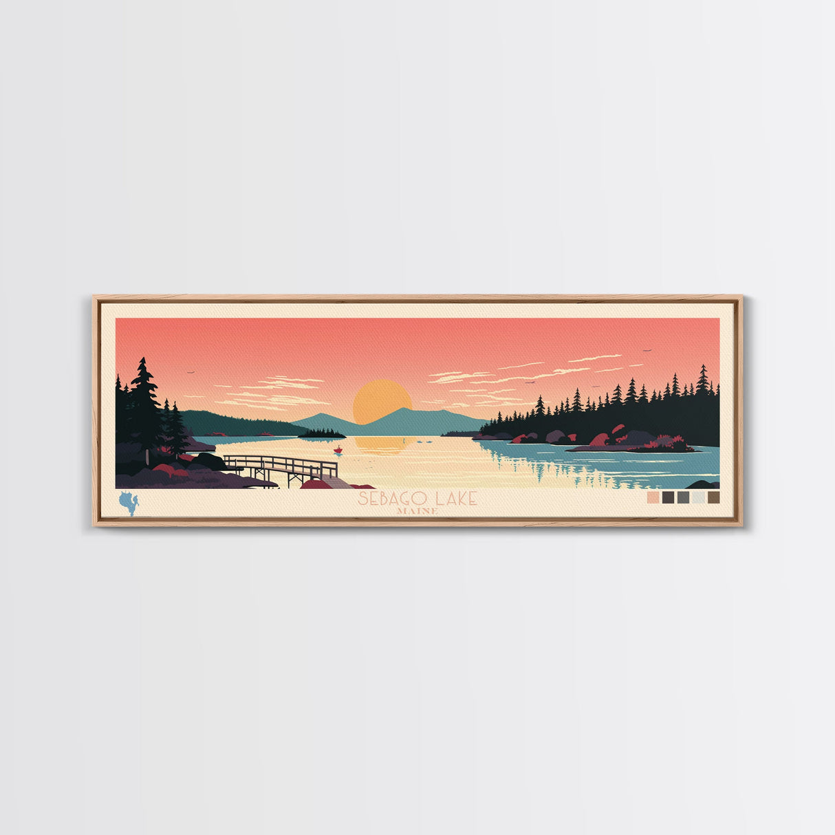 Sebago Lake, Maine Framed Canvas Print, Panoramic Travel Poster, Midcentury Modern Art, Home Decoration, Pop Art, Wall Art