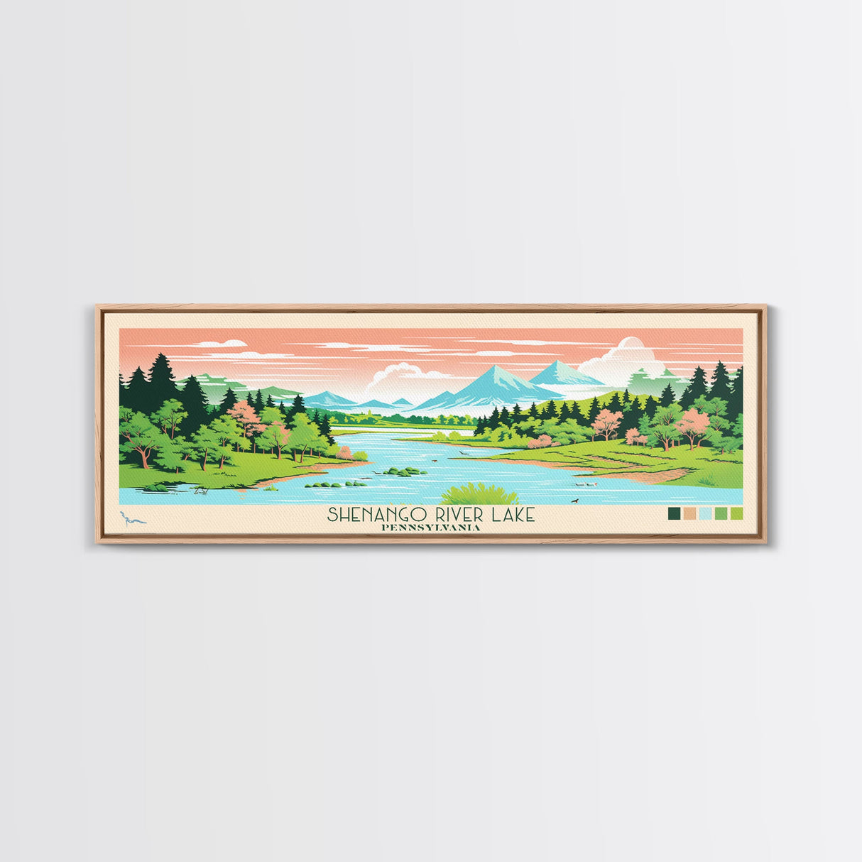 Shenango River Lake, Pennsylvania Framed Canvas Print, Panoramic Travel Poster, Midcentury Modern Art, Wall Art, Pop Art, Home Decoration