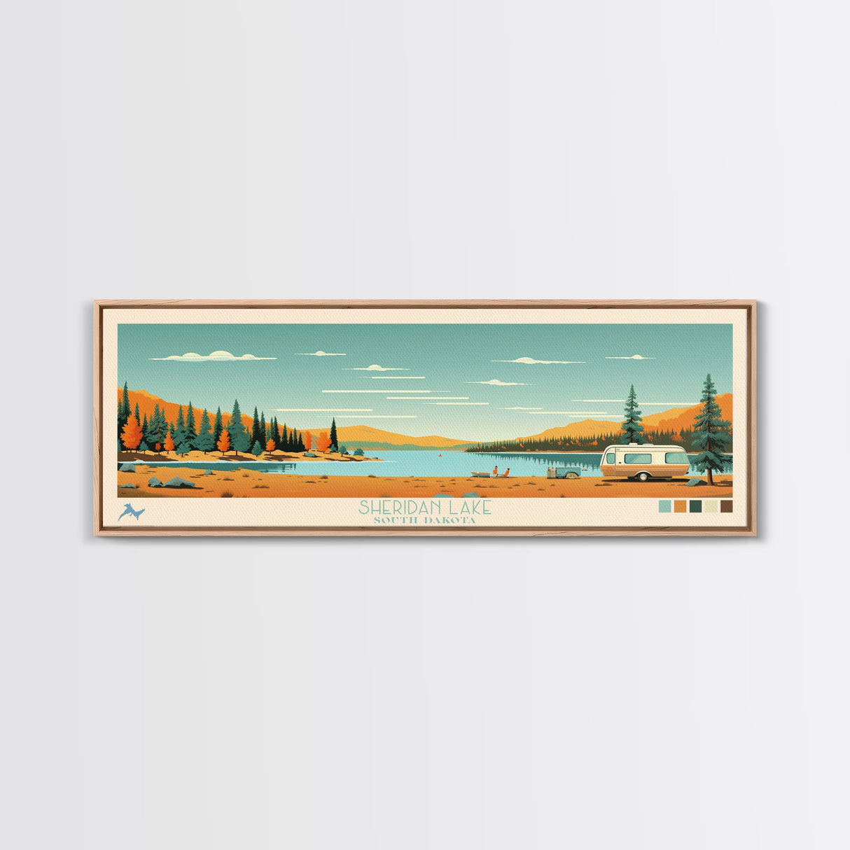 Sheridan Lake, South Dakota Framed Canvas Print, Panoramic Wall Art, Midcentury Modern Decor, Pop Art, Travel Poster, Living Room Decoration