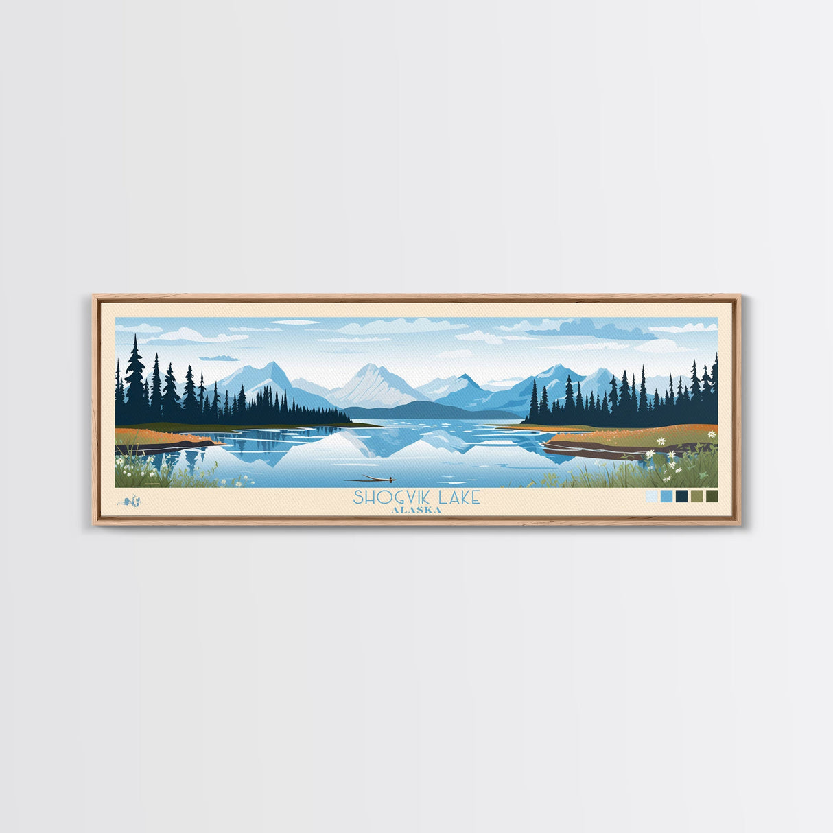 Shogvik Lake, Alaska Framed Canvas Print, Panoramic Travel Poster, Midcentury Modern Art, Home Decor, Pop Art, Wall Art