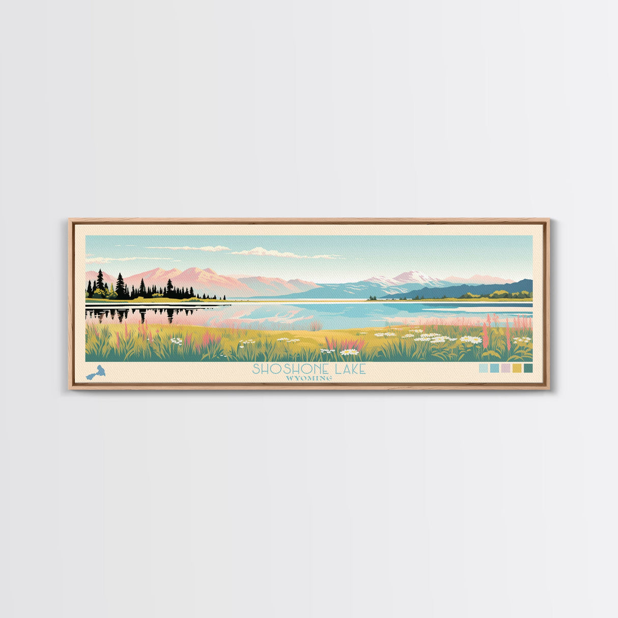 Shoshone Lake, Wyoming Framed Canvas Print, Panoramic Wall Art, Midcentury Modern Decor, Pop Art, Bedroom Decoration, Travel Poster