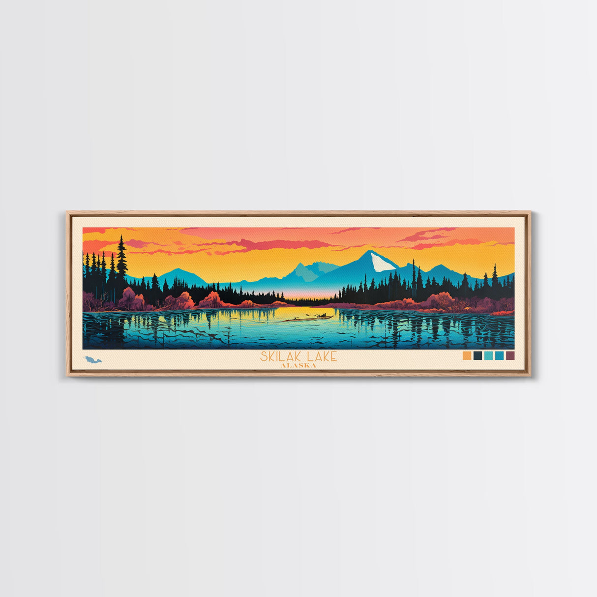 Skilak Lake, Alaska Framed Canvas Print, Lake House Art, Midcentury Modern Decor, Pop Art, Travel Poster, Living Room Wall Art