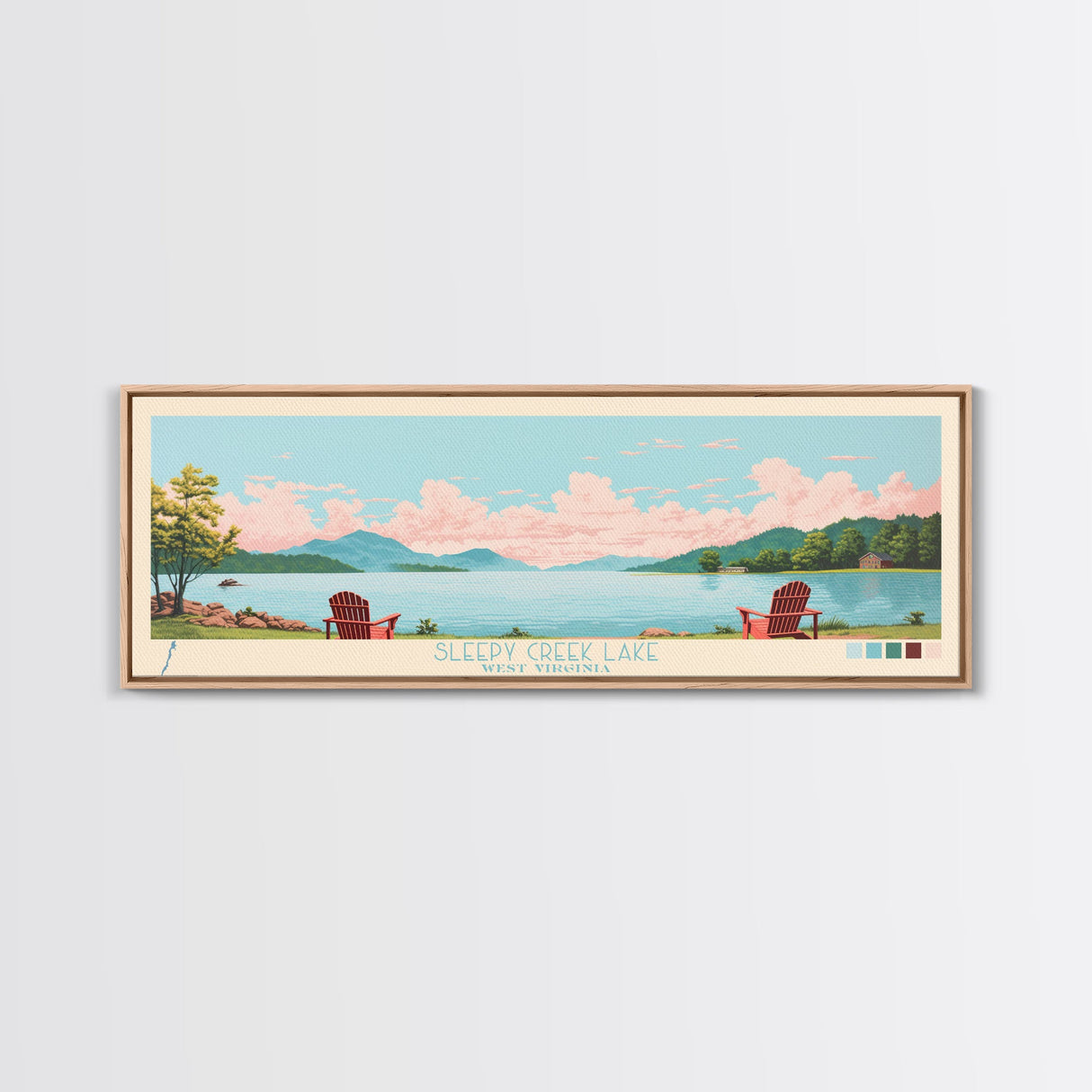 Sleepy Creek Lake, West Virginia Framed Canvas Print, Lake House Decor, Midcentury Modern Art, Pop Art, Travel Poster, Bedroom Wall Art