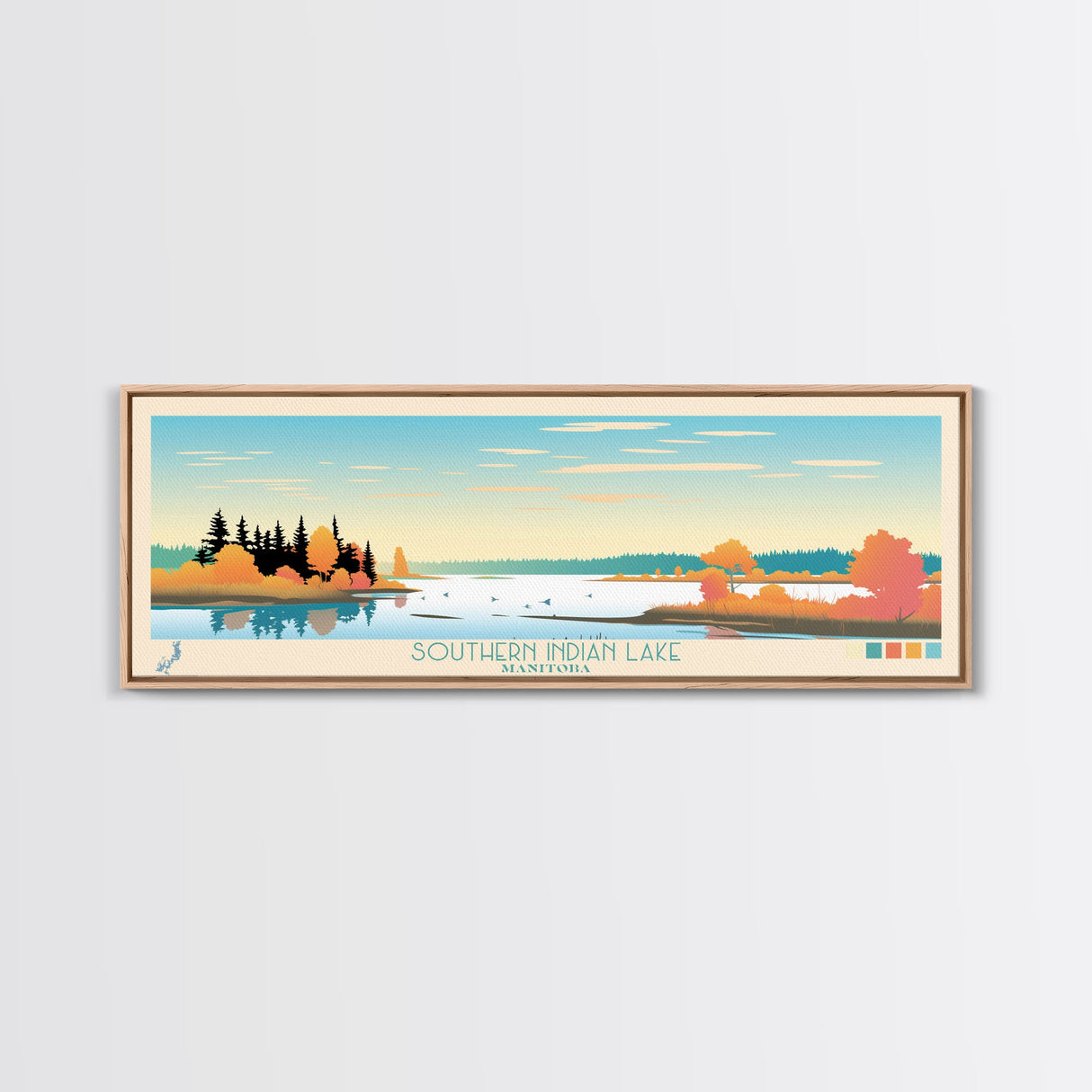 Southern Indian Lake, Manitoba Framed Canvas Print, Lake House Art, Midcentury Modern Decor, Pop Art, Travel Poster, Living Room Wall Art