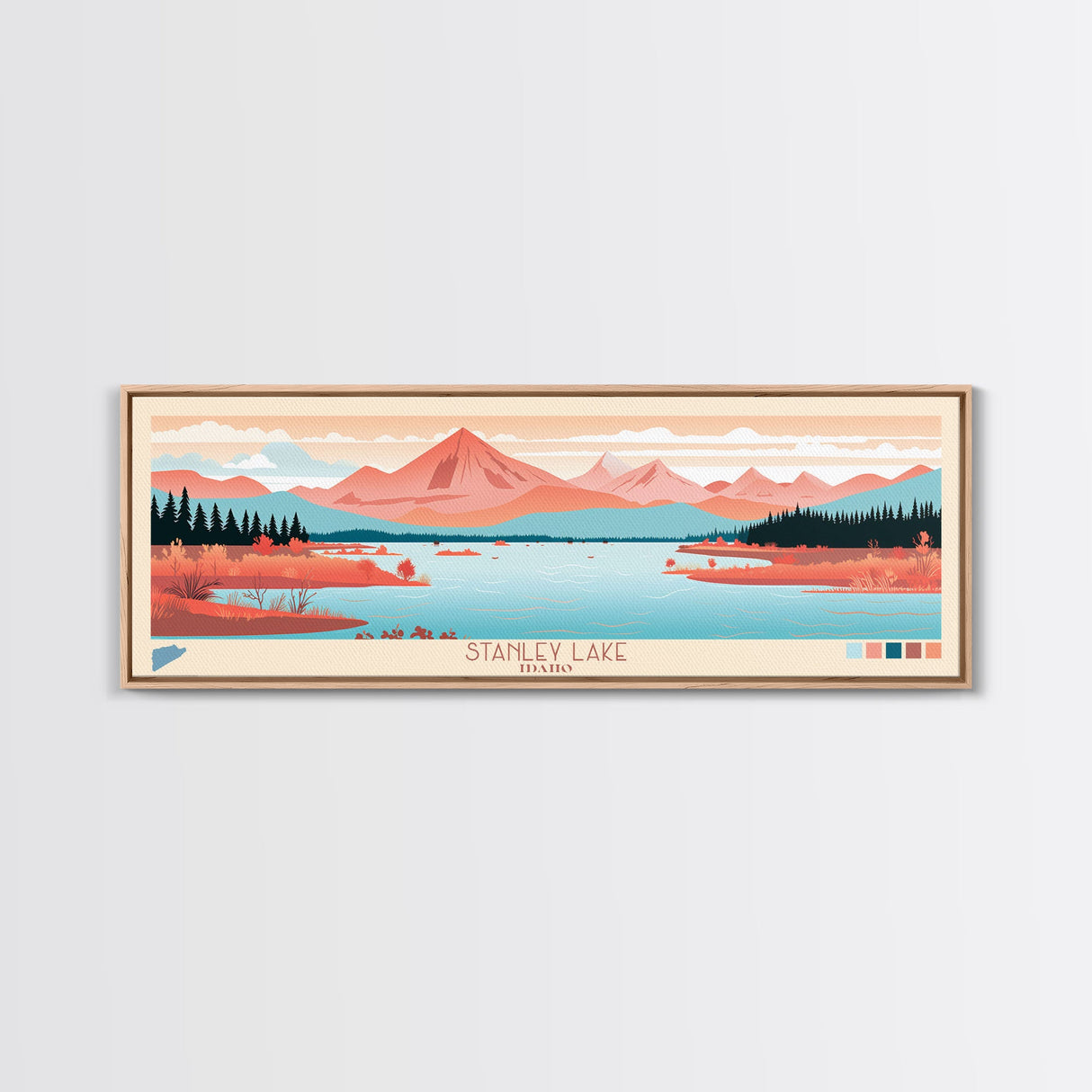 Stanley Lake, Idaho Framed Canvas Print, Lake House Art, Midcentury Modern Decor, Pop Art, Travel Poster, Living Room Wall Art