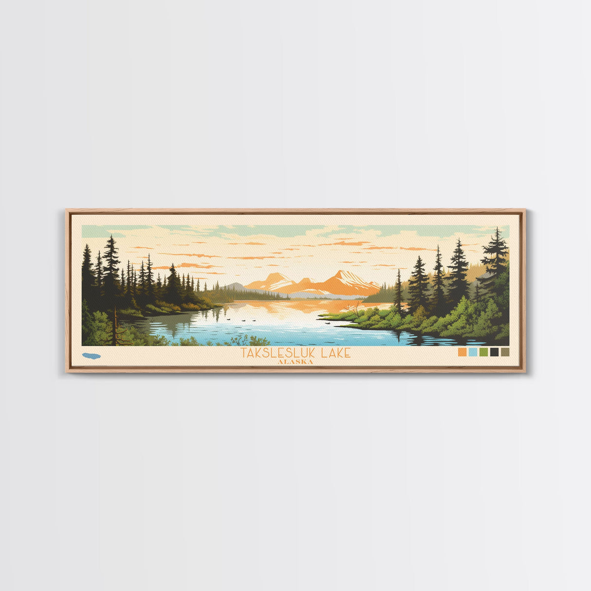 Takslesluk Lake, Alaska Framed Canvas Print, Lake House Decor, Midcentury Modern Art, Pop Art, Travel Poster, Bedroom Wall Art