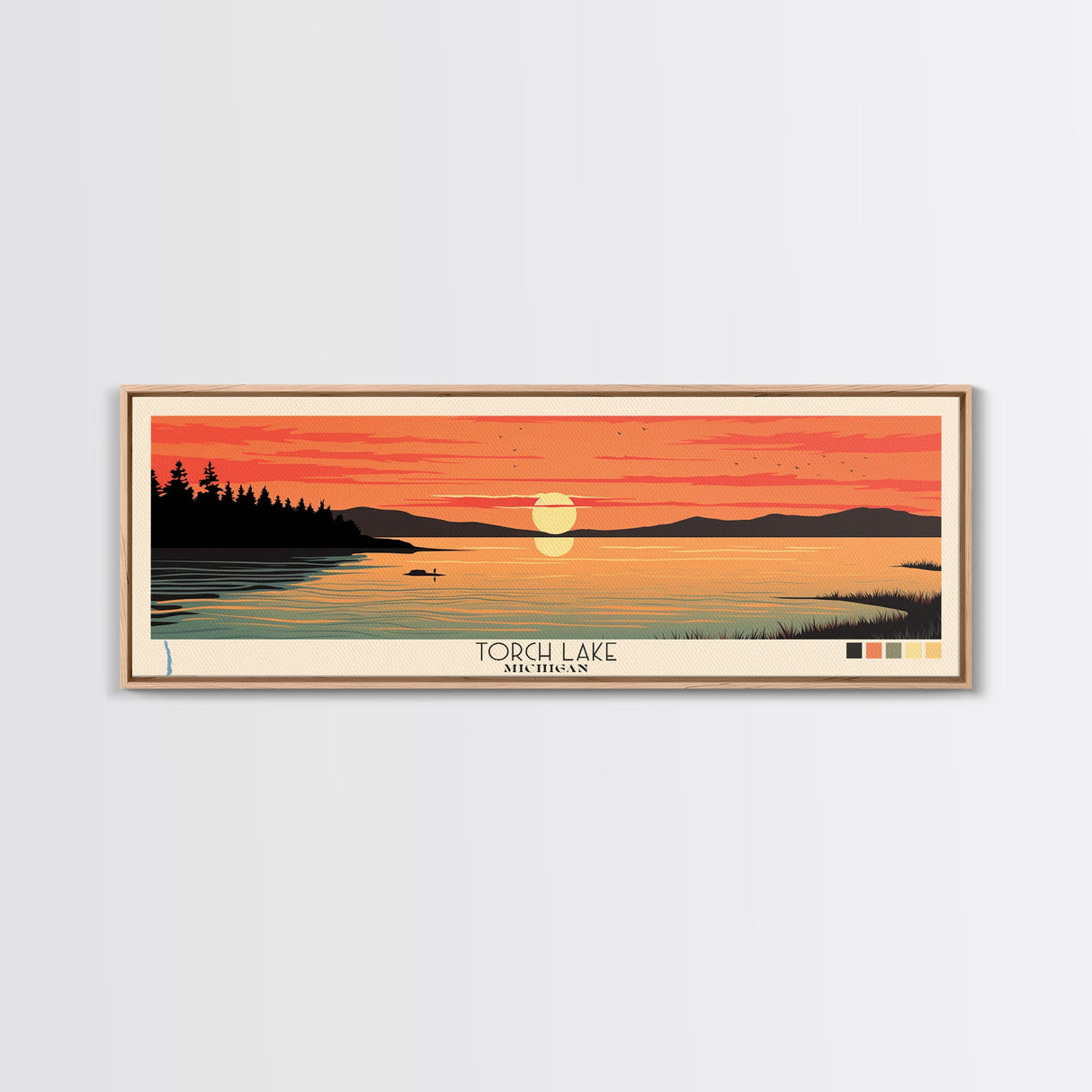 Torch Lake, Michigan Framed Canvas Print, Lake House Decor, Midcentury Modern Art, Pop Art, Travel Poster, Living Room Wall Art