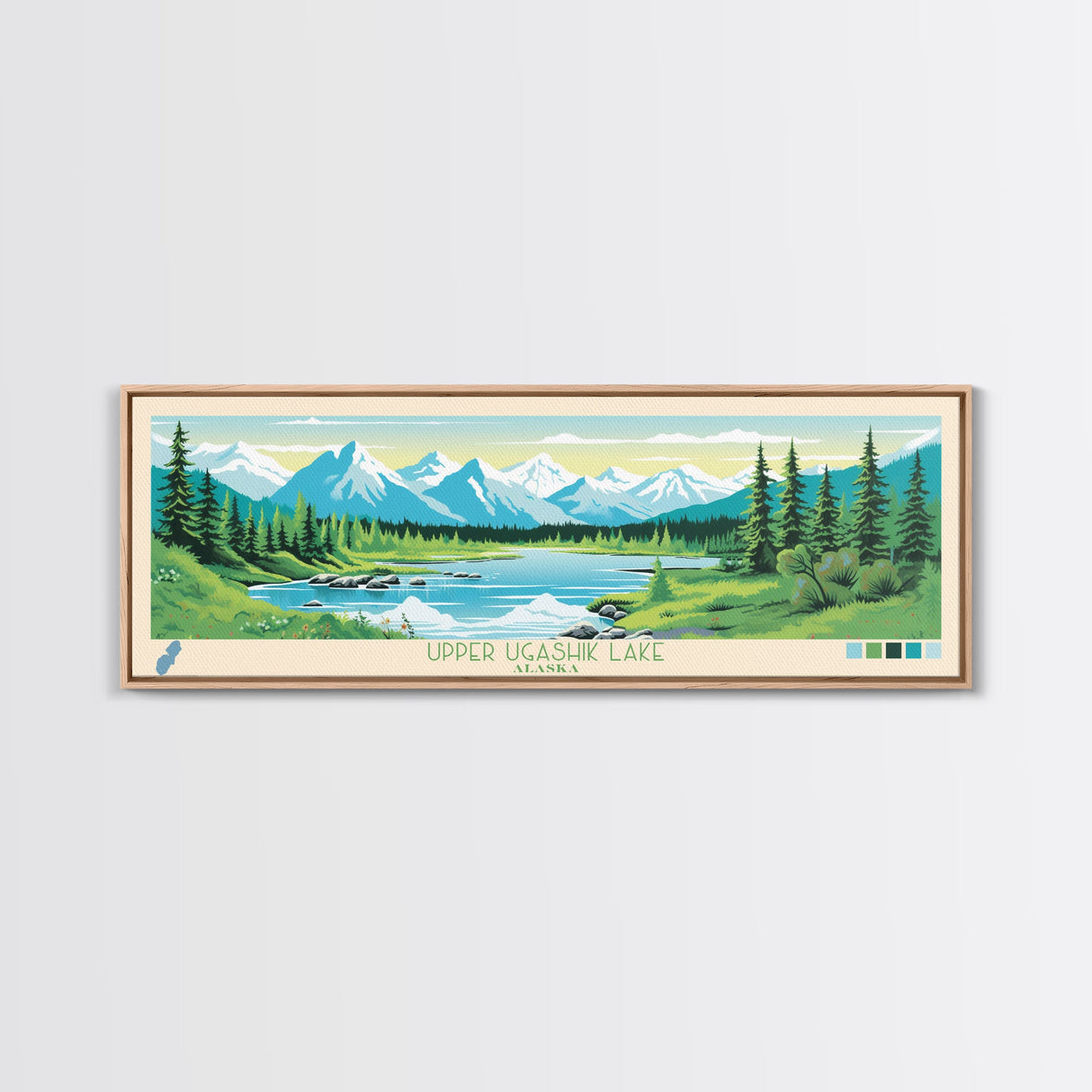 Upper Ugashik Lake, Alaska Framed Canvas Print, Panoramic Lake House Art, Midcentury Modern Decor, Pop Art, Travel Poster, Living Room Wall Art