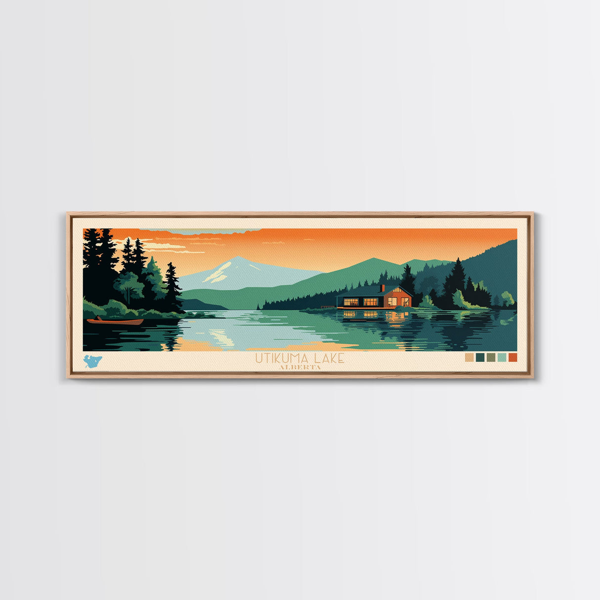 Utikuma Lake, Alberta Framed Canvas Print, Panoramic Lake House Art, Midcentury Modern Decor, Pop Art, Travel Poster, Living Room Wall Art