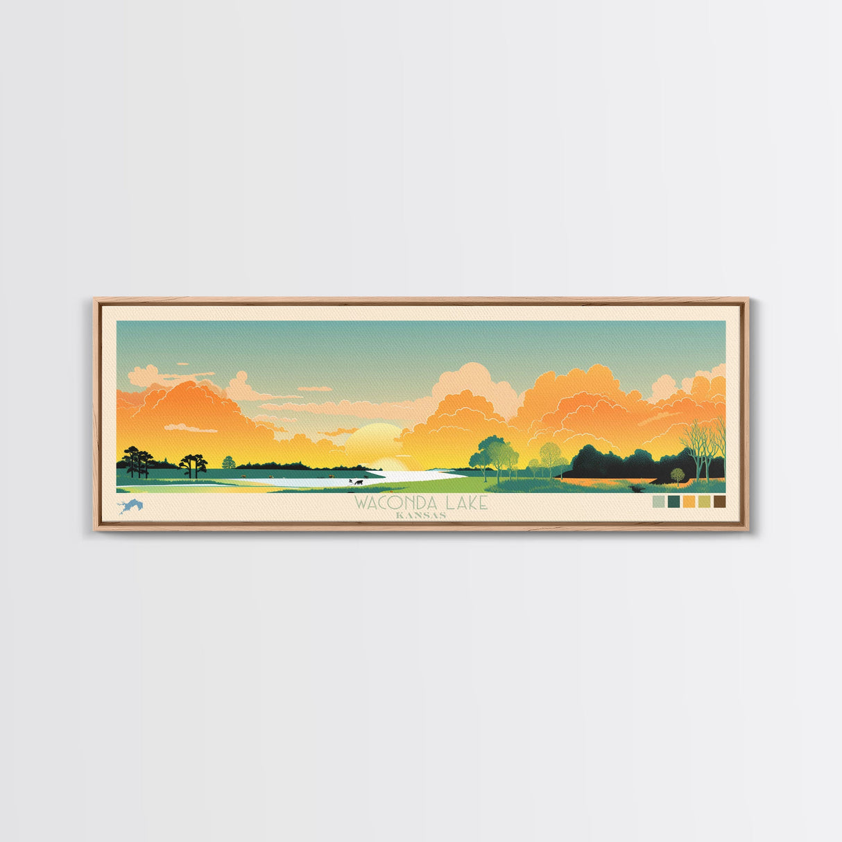 Waconda Lake, Kansas Framed Canvas Print, Panoramic Lake House Decor, Midcentury Modern Art, Pop Art, Travel Poster, Bedroom Wall Art