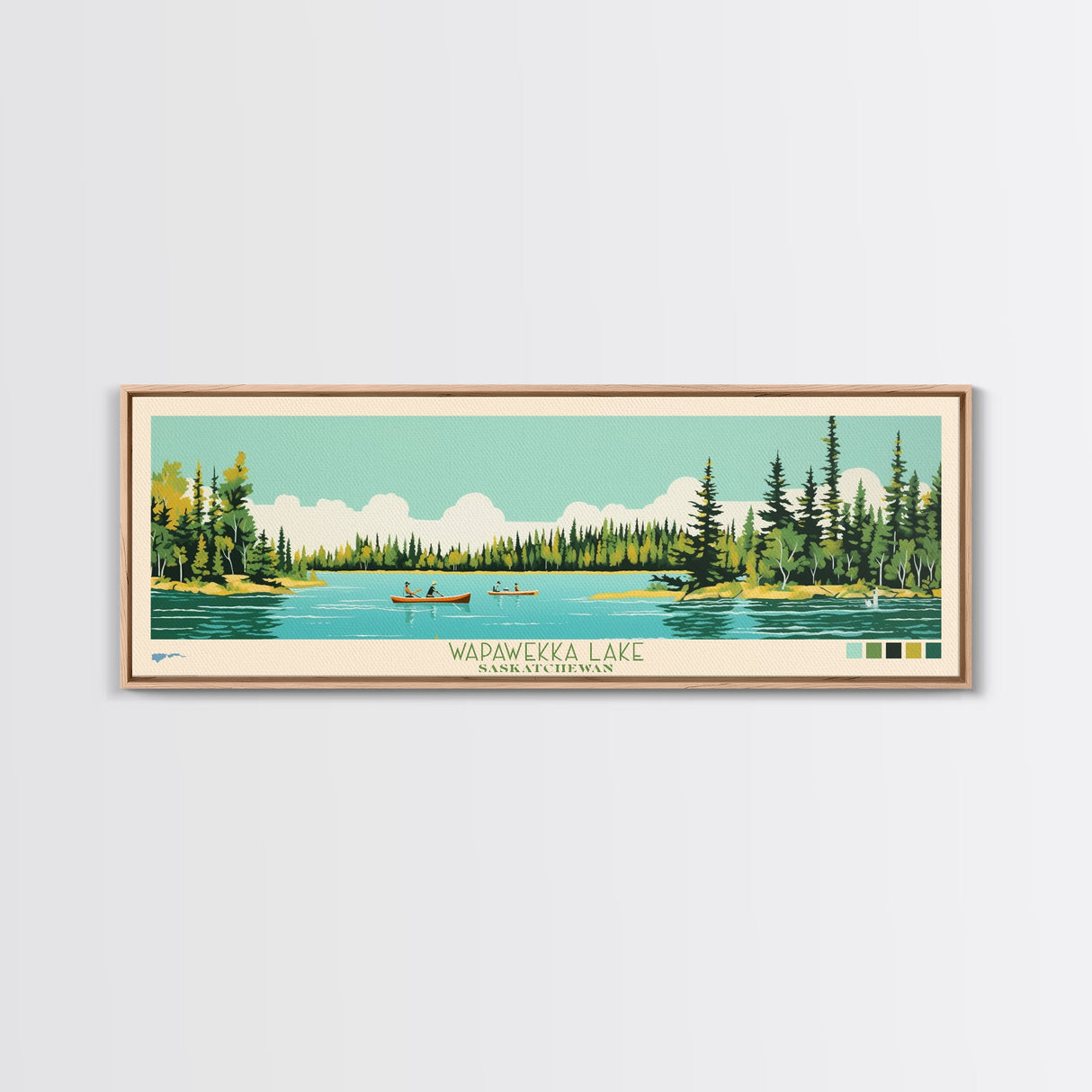 Wapawekka Lake, Saskatchewan Framed Canvas Print, Panoramic Lake House Decor, Midcentury Modern Art, Pop Art, Travel Poster, Bedroom Wall Art