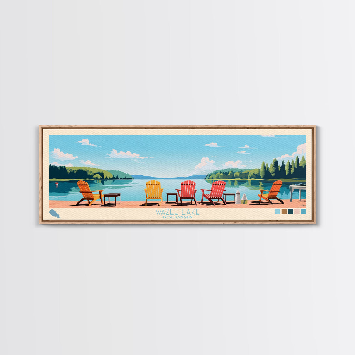 Wazee Lake, Wisconsin Framed Canvas Print, Panoramic Lake House Art, Midcentury Modern Decor, Pop Art, Travel Poster, Living Room Wall Art