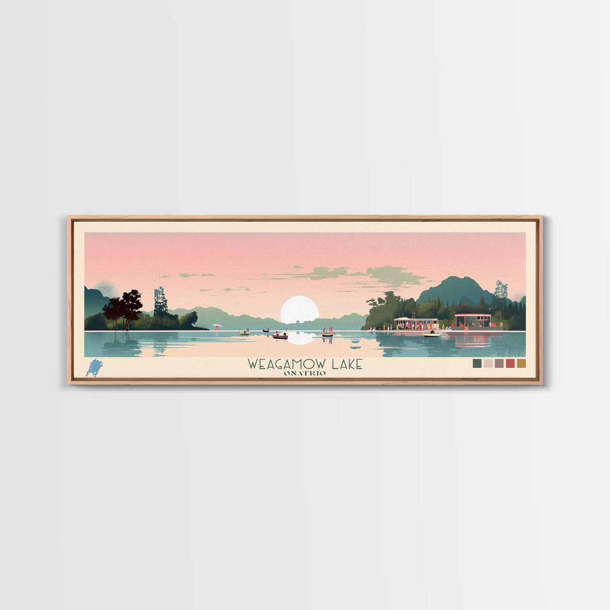 Weagamow Lake, Ontario Panoramic Framed Canvas Print, Lake House Art, Midcentury Modern Decor, Pop Art, Travel Poster, Wall Art