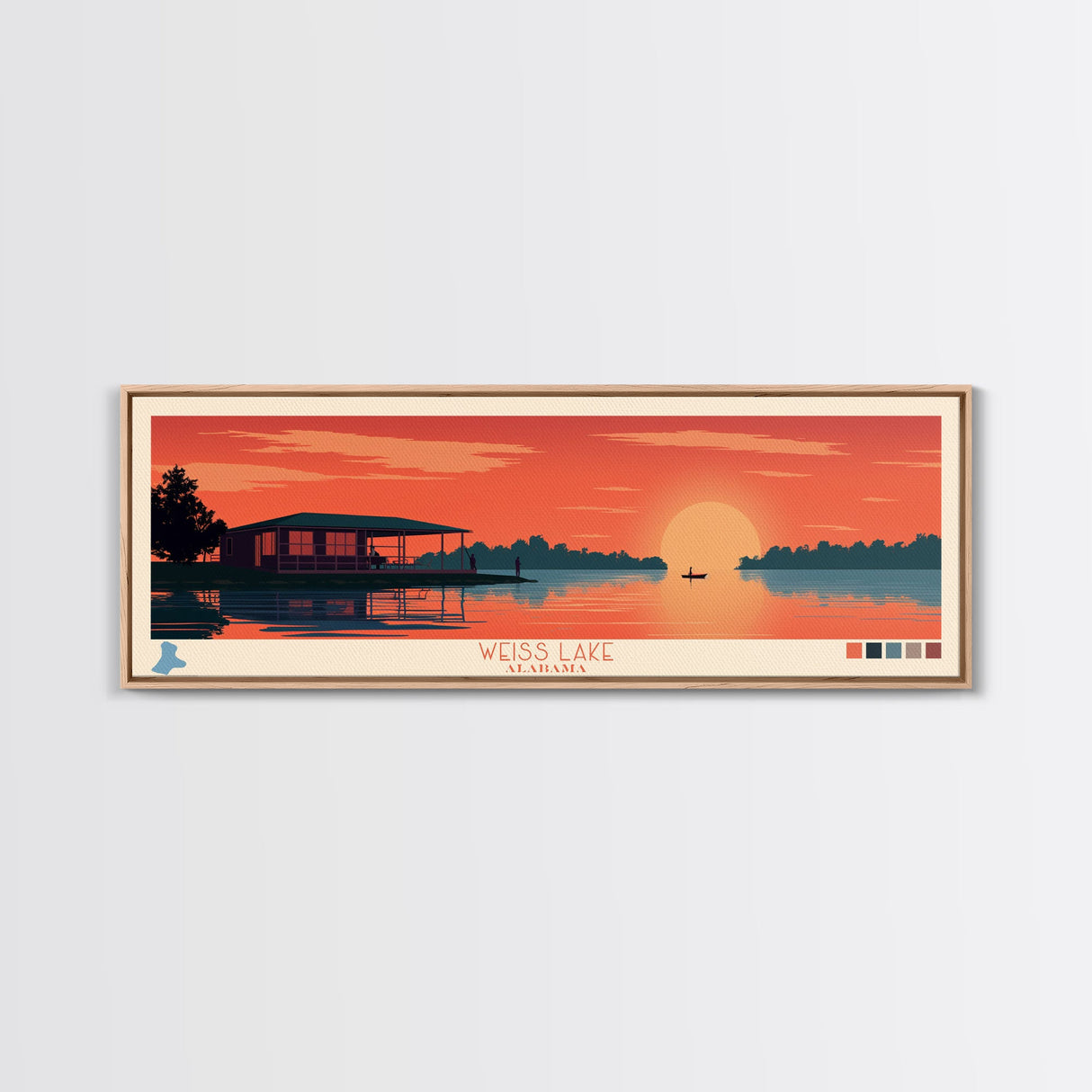 Weiss Lake, Alabama Framed Canvas Print, Panoramic Lake House Art, Midcentury Modern Decor, Pop Art, Travel Poster, Bedroom Wall Art