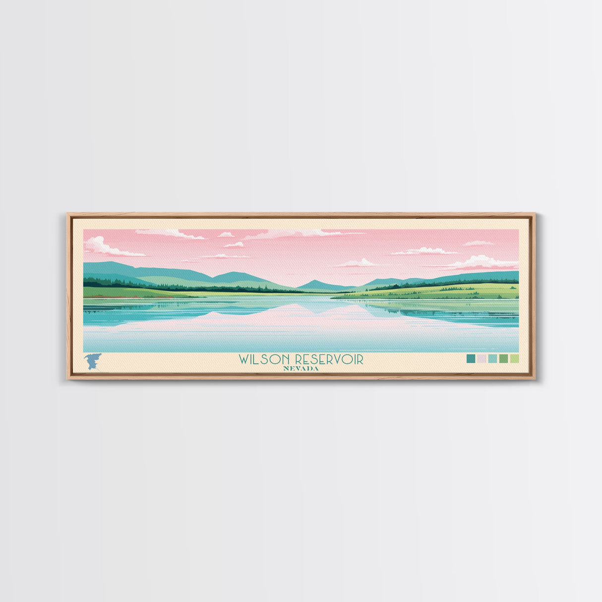 Wilson Reservoir, Nevada Panoramic Framed Canvas Print, Lake House Decor, Midcentury Modern Art, Pop Art, Travel Poster