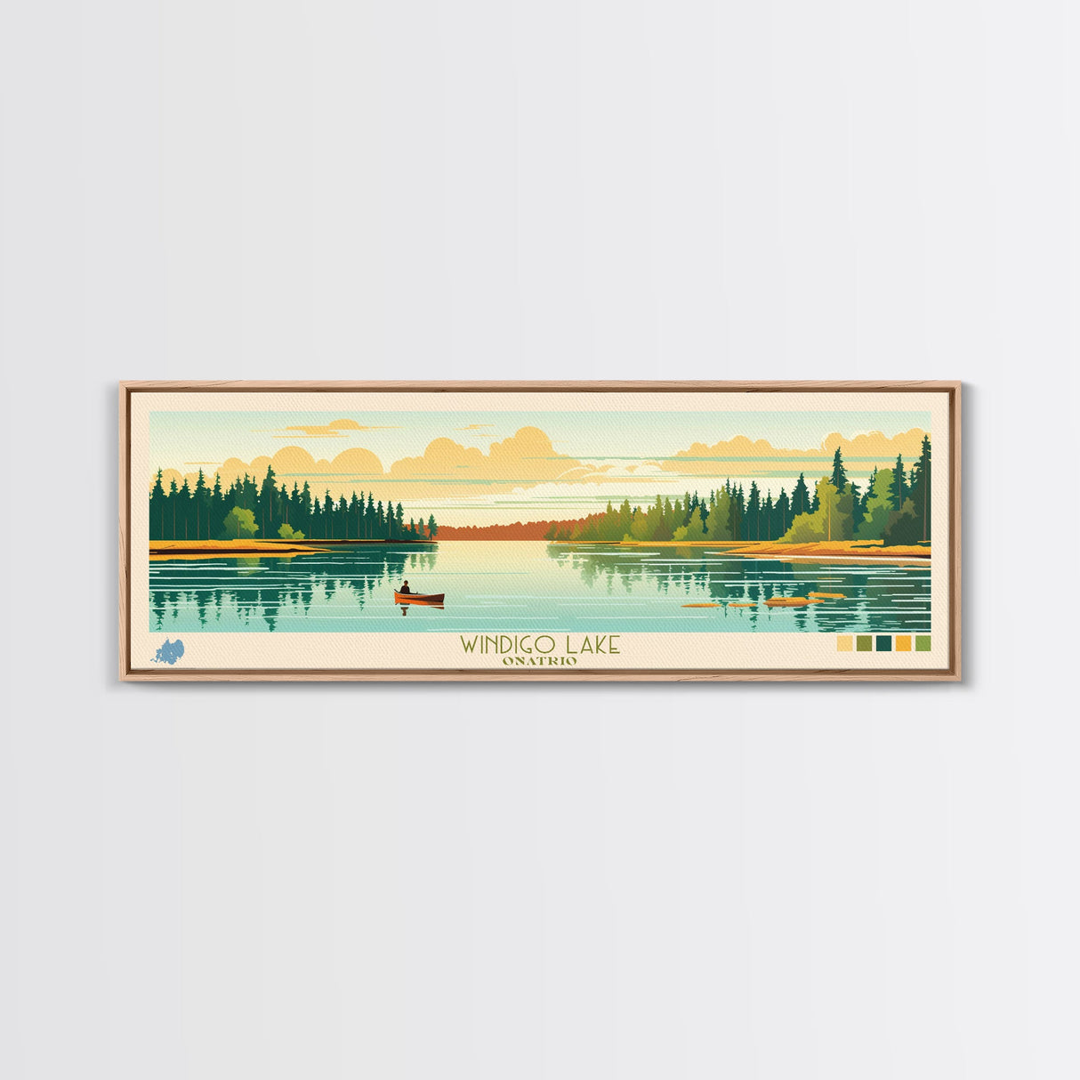 Windigo Lake, Ontario Panoramic Framed Canvas Print, Lake House Decor, Midcentury Modern Art, Pop Art, Travel Poster