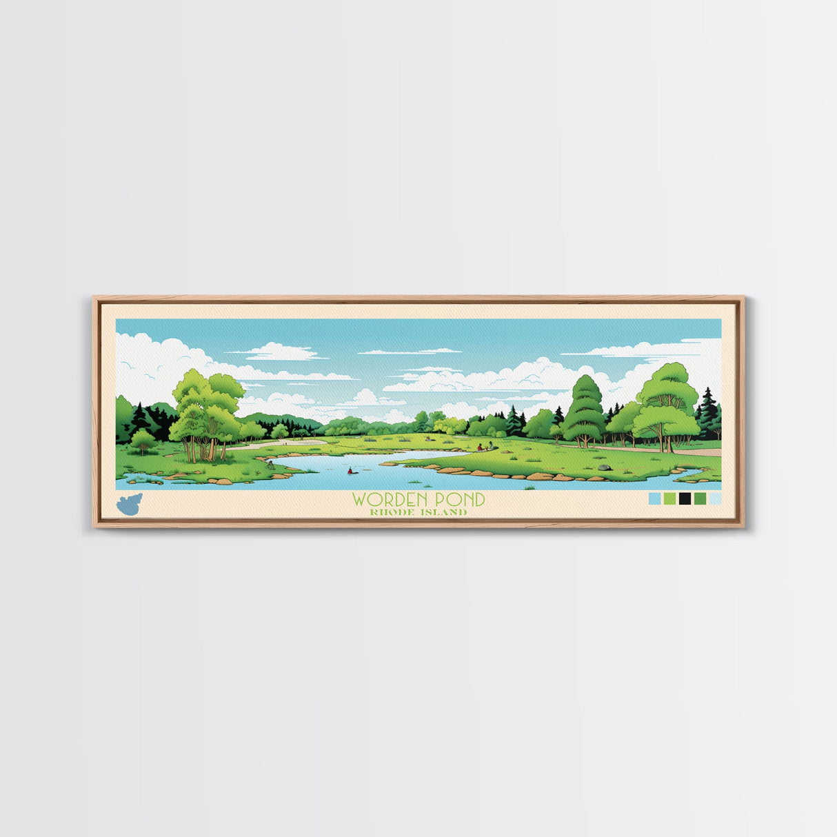 Worden Pond, Rhode Island Framed Canvas Print, Panoramic Lake House Decor, Midcentury Modern Art, Pop Art, Travel Poster