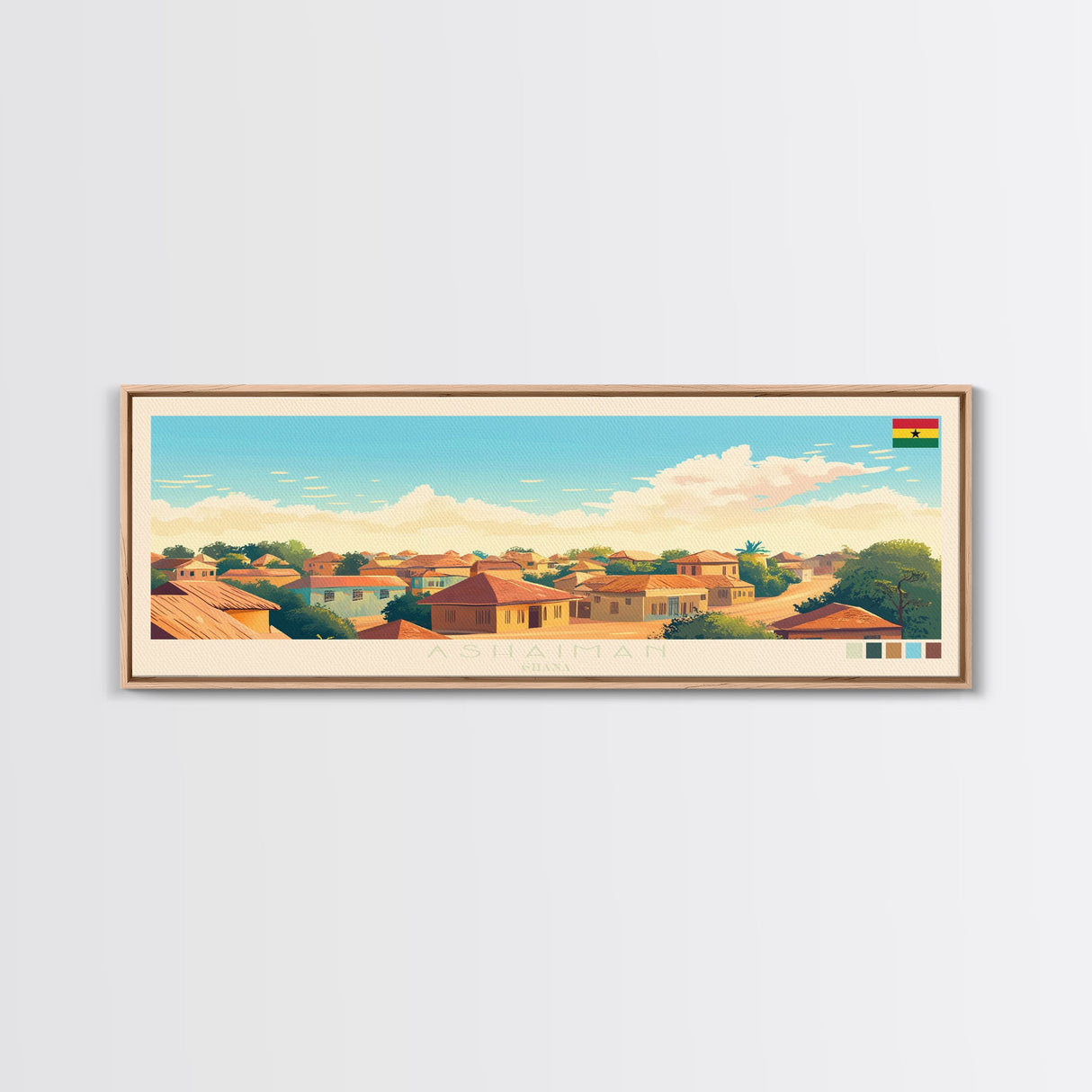 Panoramic Travel Poster Ashaiman, Ghana Canvas Print, Ashaiman, Ghana Painting, Ghana Art, Ashaiman Travel Art, Guest Room Painting