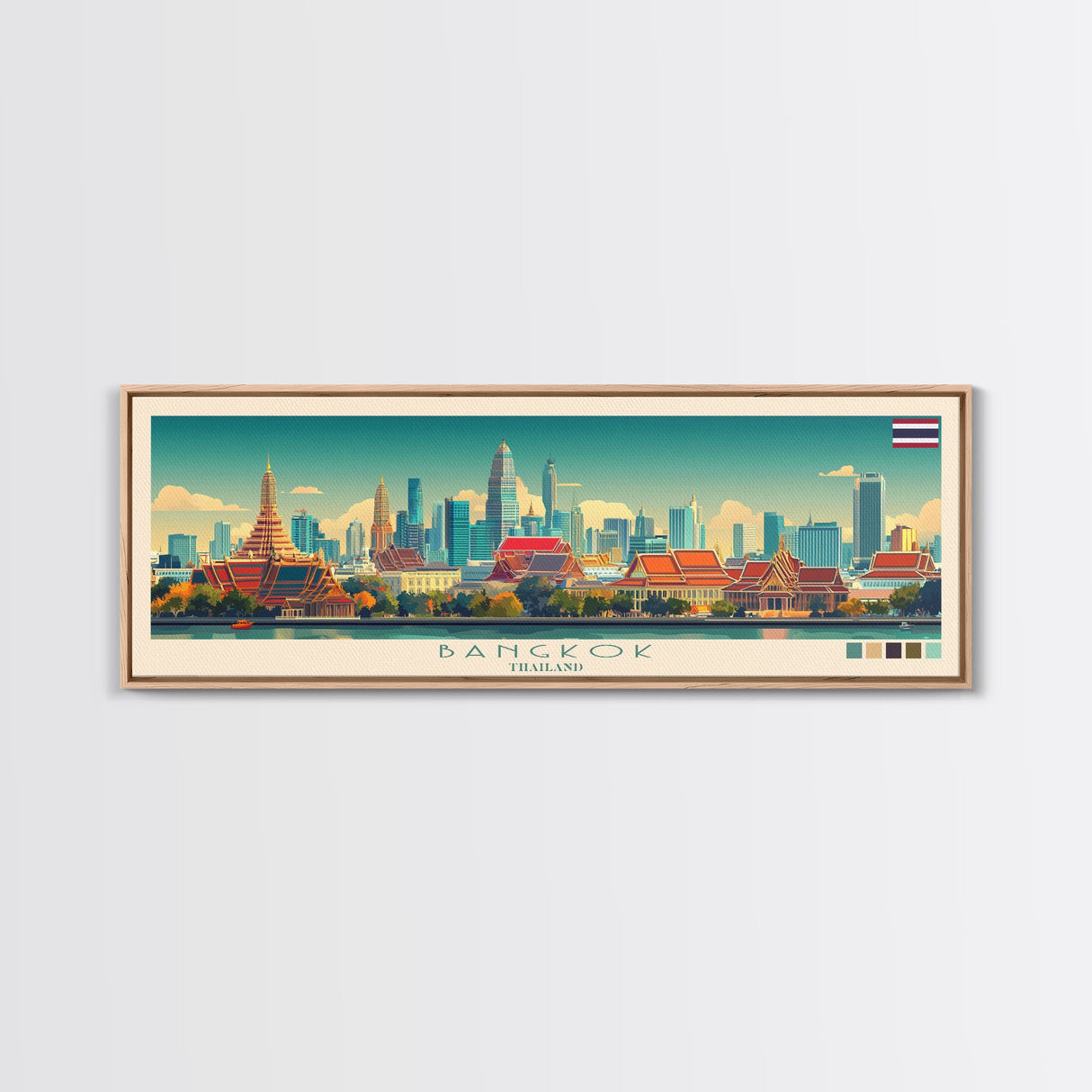 Bangkok, Thailand Travel Poster Panoramic Canvas Print, Bangkok, Thailand Painting, Thailand Art, Bangkok Travel Art, Guest Room Painting