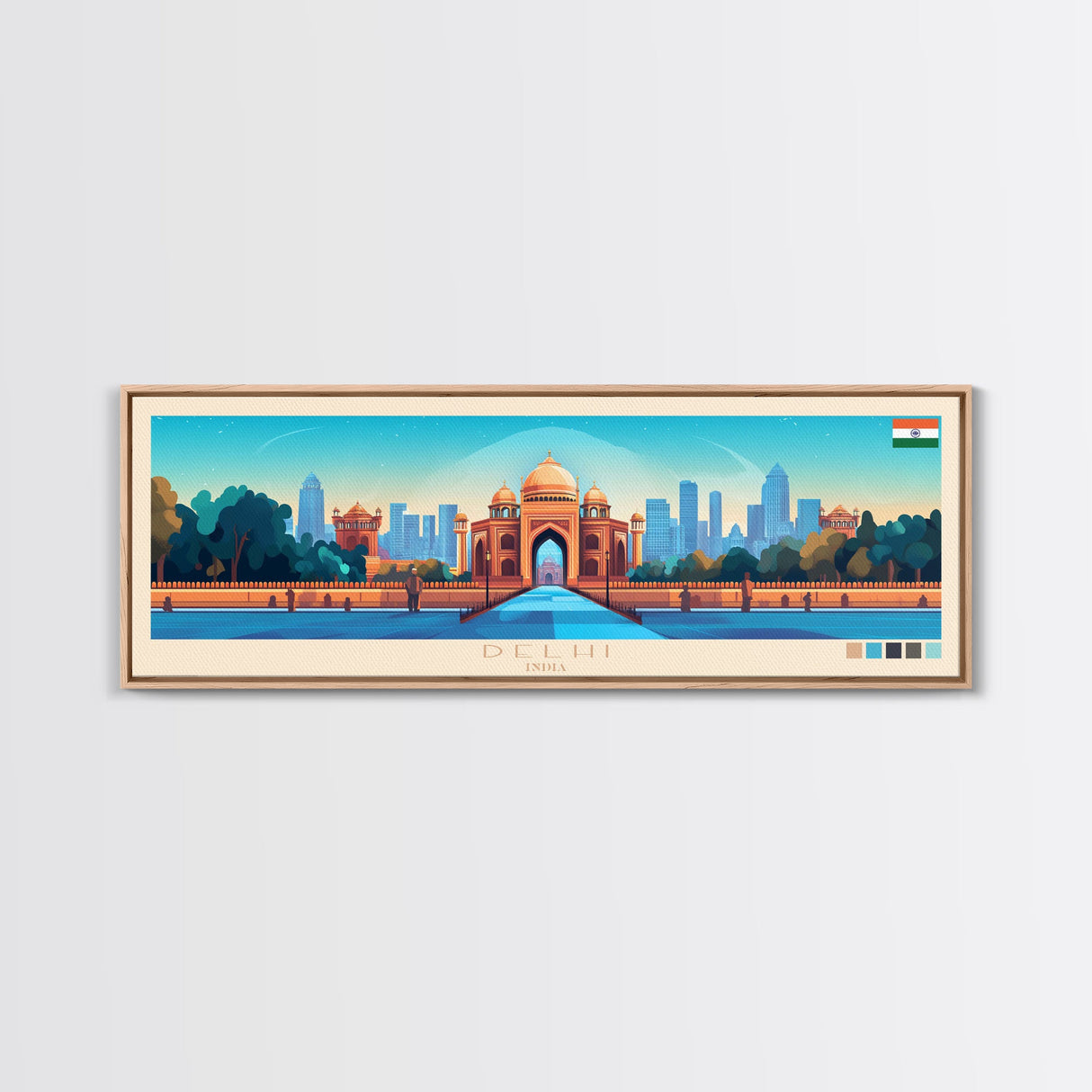 Delhi, India Travel Poster Panoramic Canvas Print, Delhi, India Painting, India Art, Delhi Travel Art, Guest Room Painting