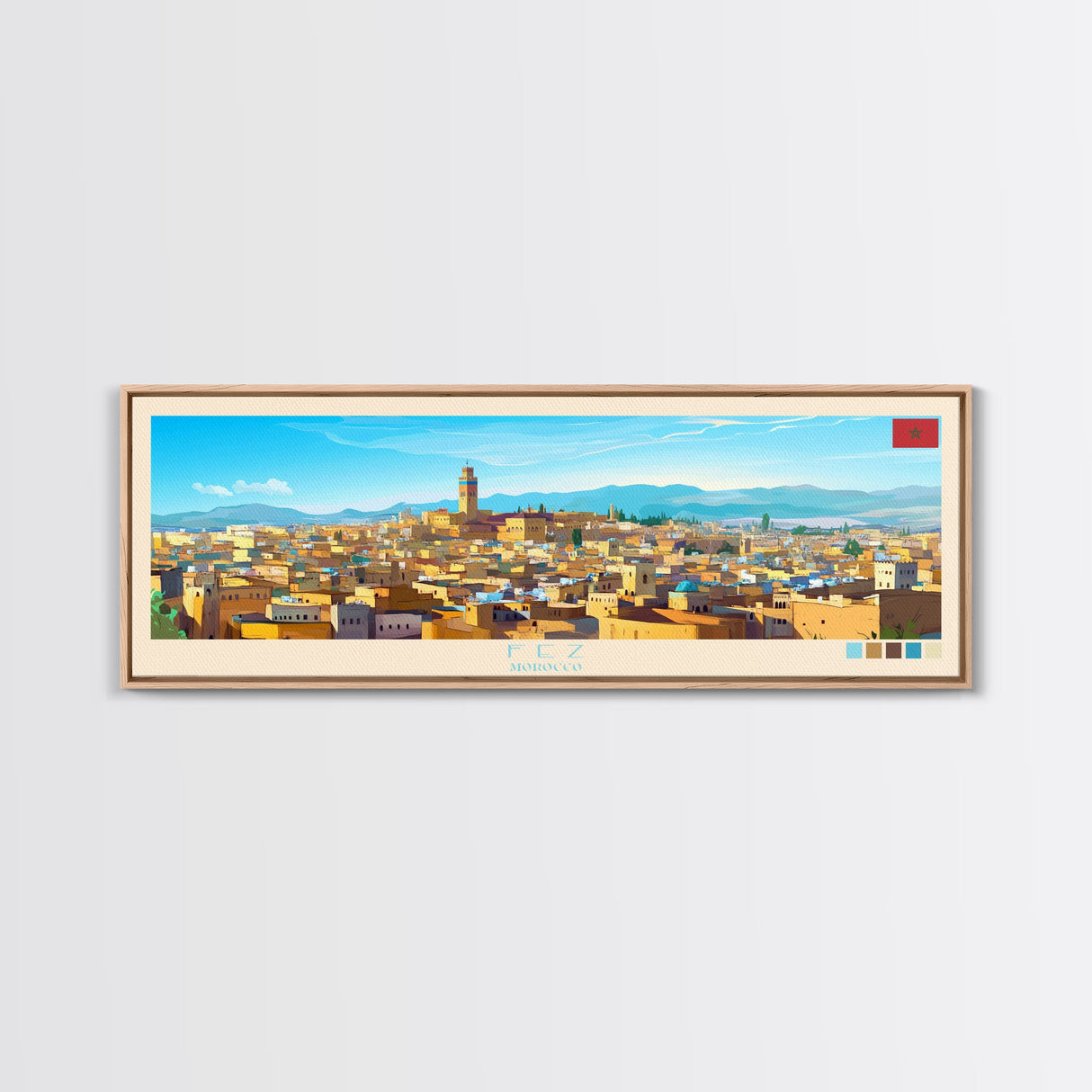 Fez, Morocco Travel Poster Panoramic Canvas Print, Fez, Morocco Painting, Morocco Art, Fez Travel Art, Guest Room Painting