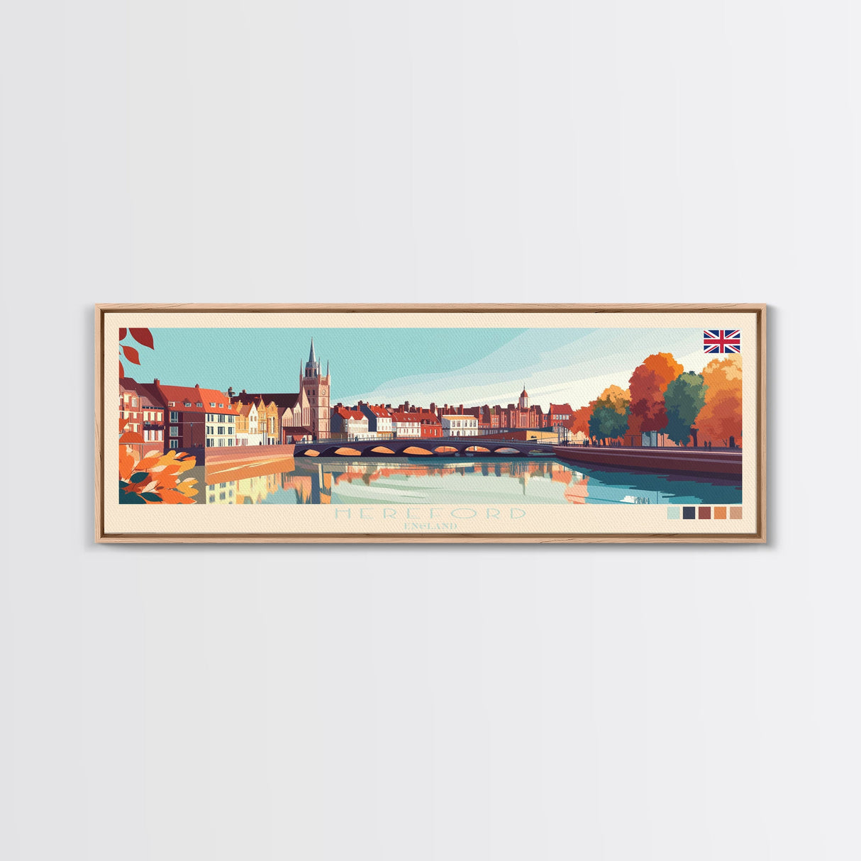 Hereford, England Travel Poster Panoramic Canvas Print, Hereford, England Painting, England Art, Hereford Travel Art, Guest Room Painting