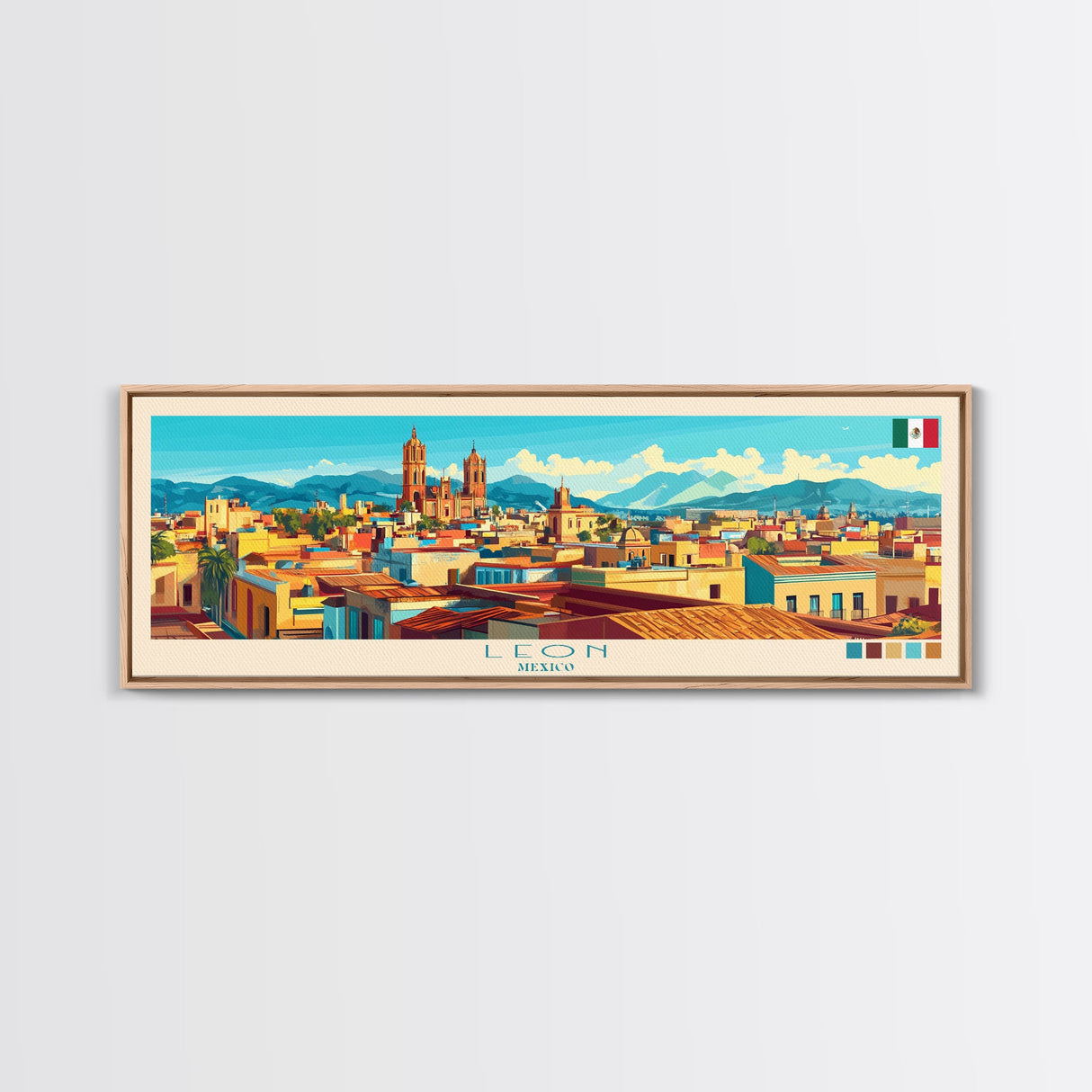 Leon, Mexico Panoramic Travel Poster Canvas Print, Leon, Mexico Painting, Mexico Art, Leon Travel Art, Guest Room Painting