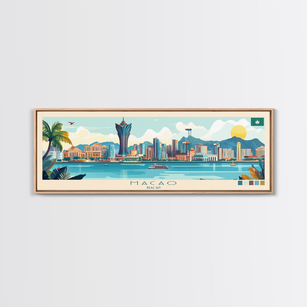 Macao, Macao Panoramic Travel Poster Canvas Print, Macao, Macao Painting, Macao Art, Macao Panoramic Travel Art, Travel Painting