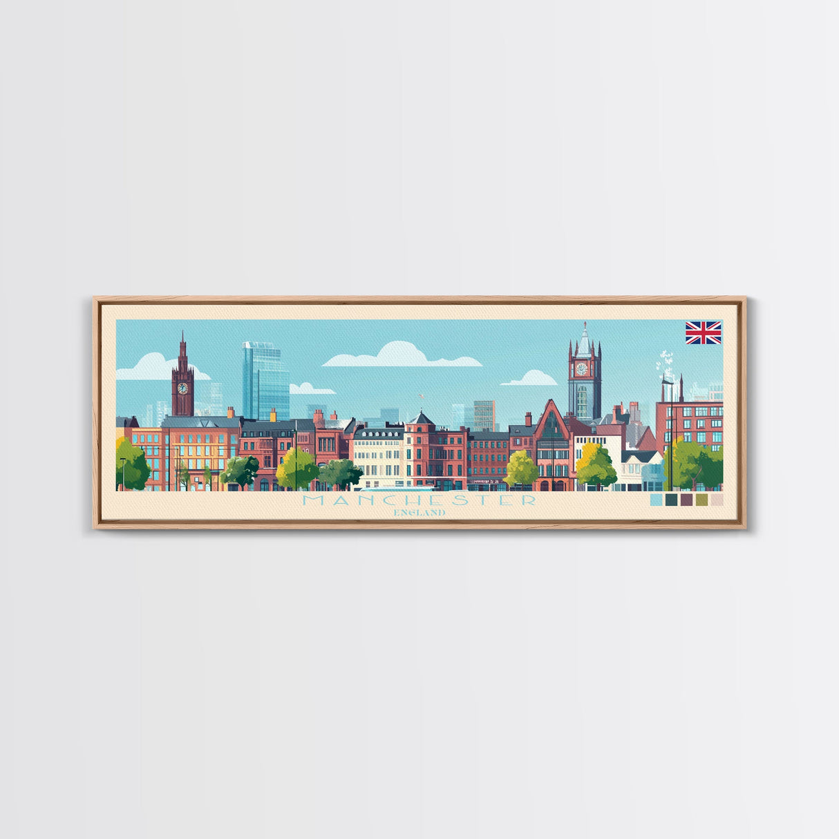 Manchester, England Panoramic Travel Poster Canvas Print, Manchester, England Painting, England Art, Manchester Travel Art, Guest Room Painting