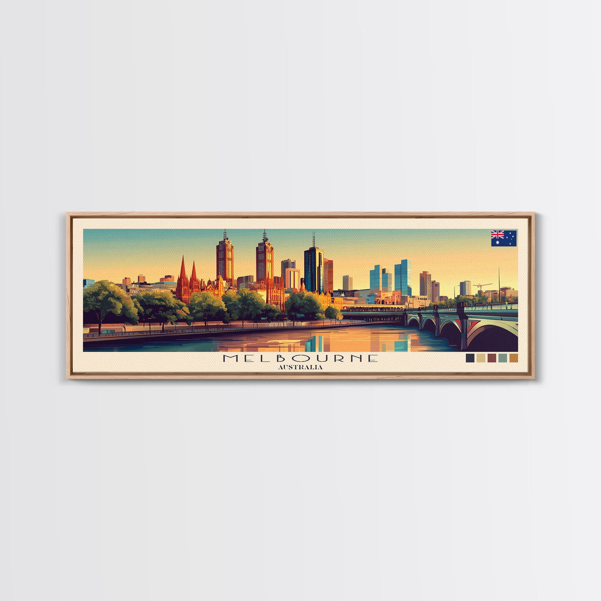 Melbourne, Australia Panoramic Travel Poster Canvas Print, Melbourne, Australia Painting, Australia Art, Melbourne Travel Art, Living Room Painting