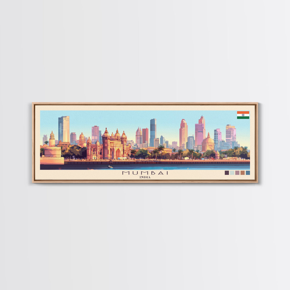 Mumbai, India Panoramic Travel Poster Canvas Print, Mumbai, India Painting, India Art, Mumbai Travel Art, Guest Room Painting