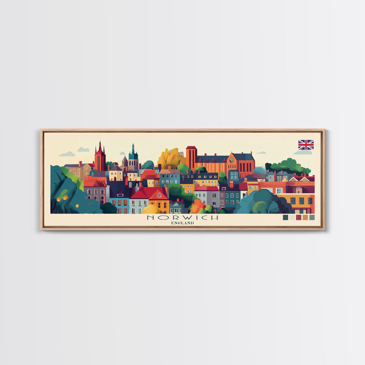 Panoramic Travel Poster Norwich, England Canvas Print, Norwich, England Painting, England Art, Norwich Travel Art, Guest Room Painting