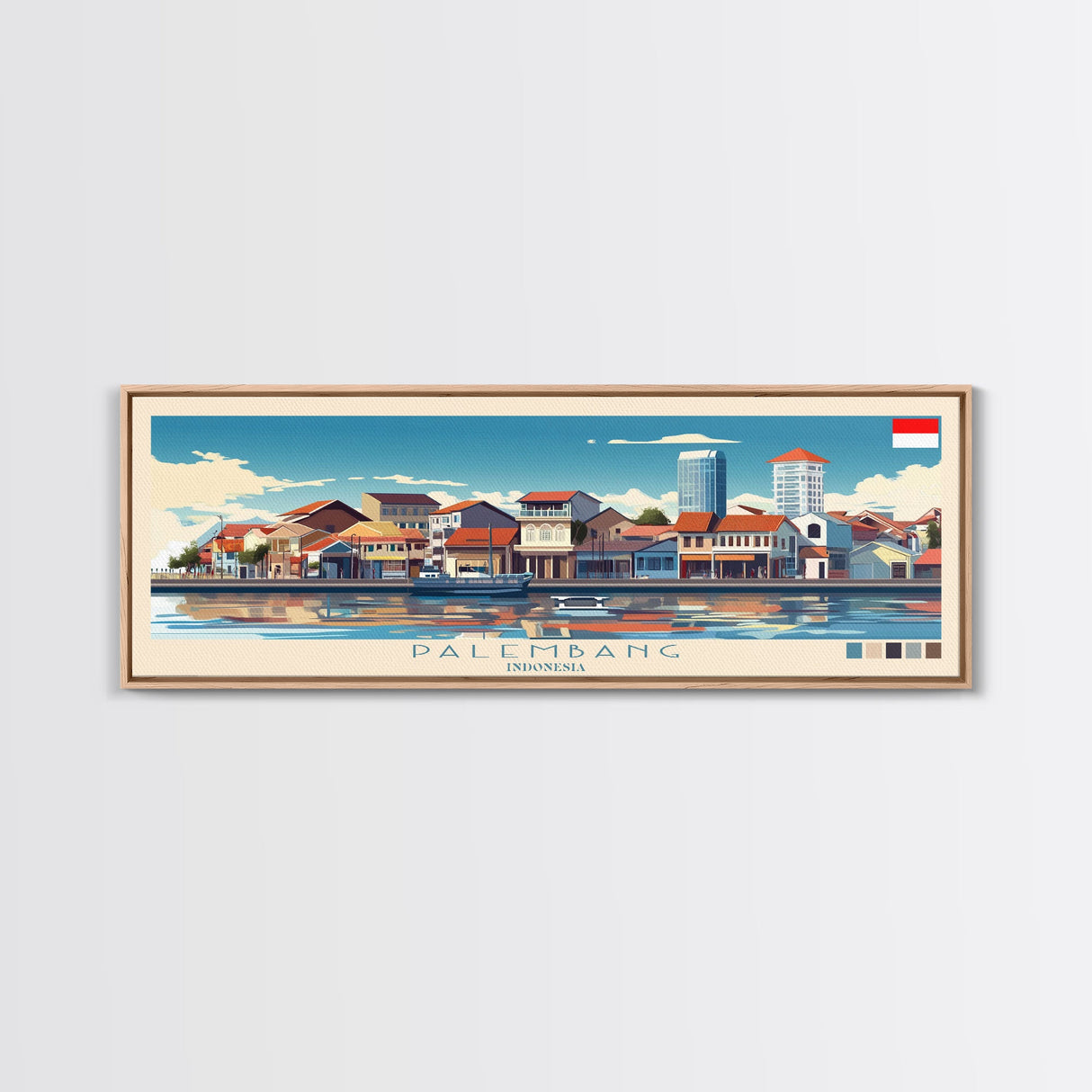 Palembang, Indonesia Panoramic Travel Poster Canvas Print, Palembang, Indonesia Painting, Indonesia Art, Palembang Travel Art, Guest Room Painting