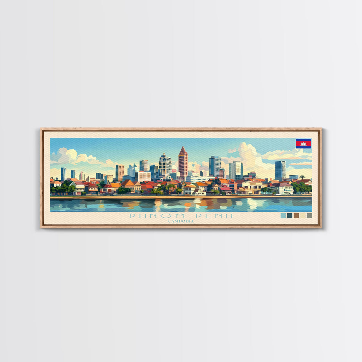 Phnom Penh, Cambodia Panoramic Travel Poster Canvas Print, Phnom Penh, Cambodia Painting, Cambodia Art, Phnom Penh Travel Art, Guest Room Painting