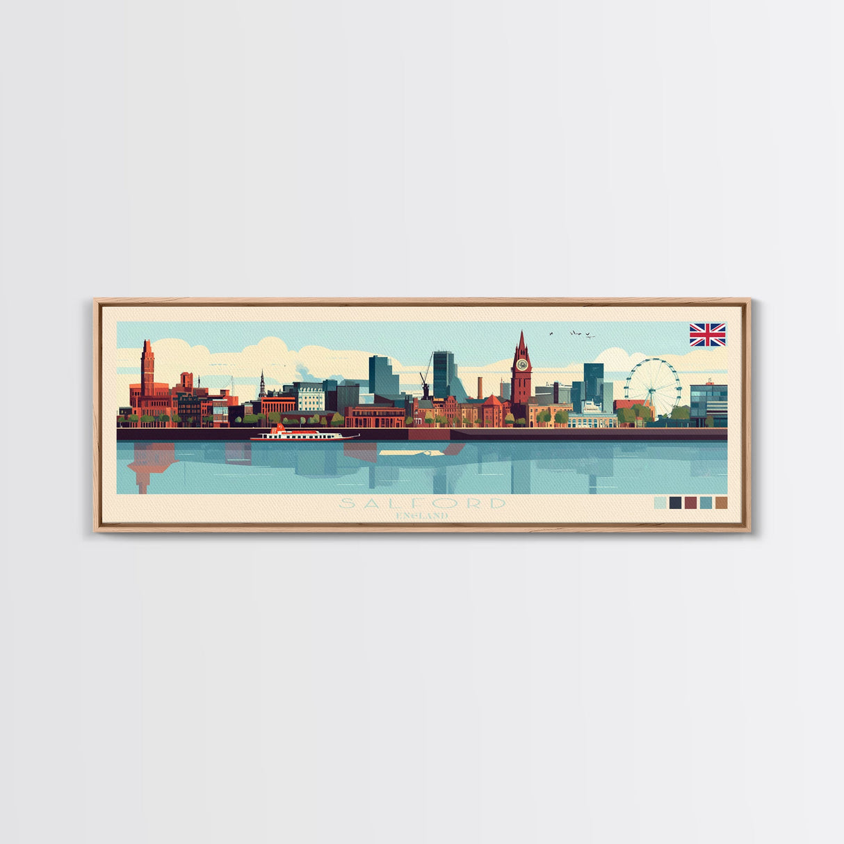 Salford, England Panoramic Travel Poster Canvas Print, Salford, England Painting, England Art, Salford Travel Art, Guest Room Painting