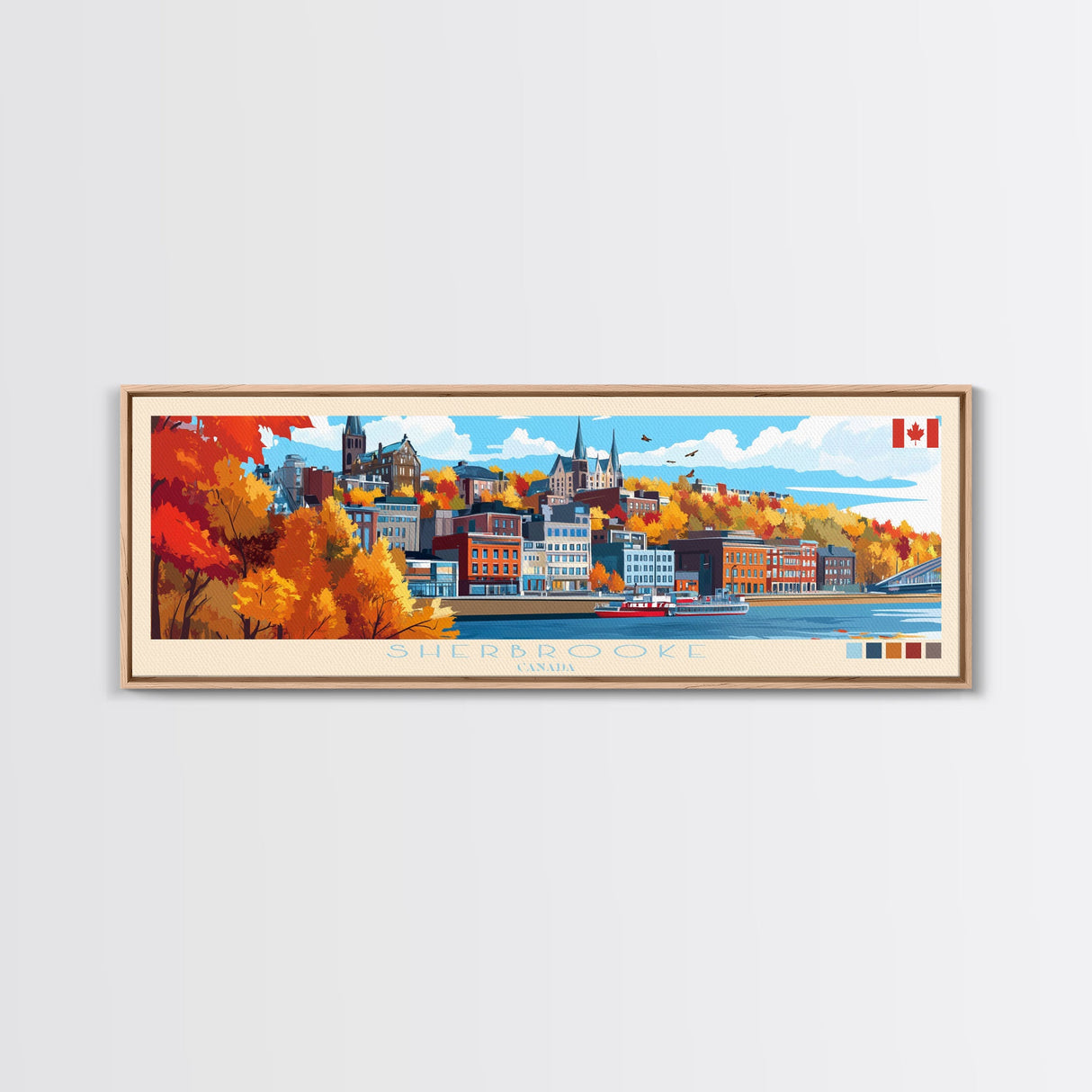 Sherbrooke, Canada Panoramic Travel Poster Canvas Print, Sherbrooke, Canada Painting, Canada Art, Sherbrooke Panoramic Travel Art, Travel Painting