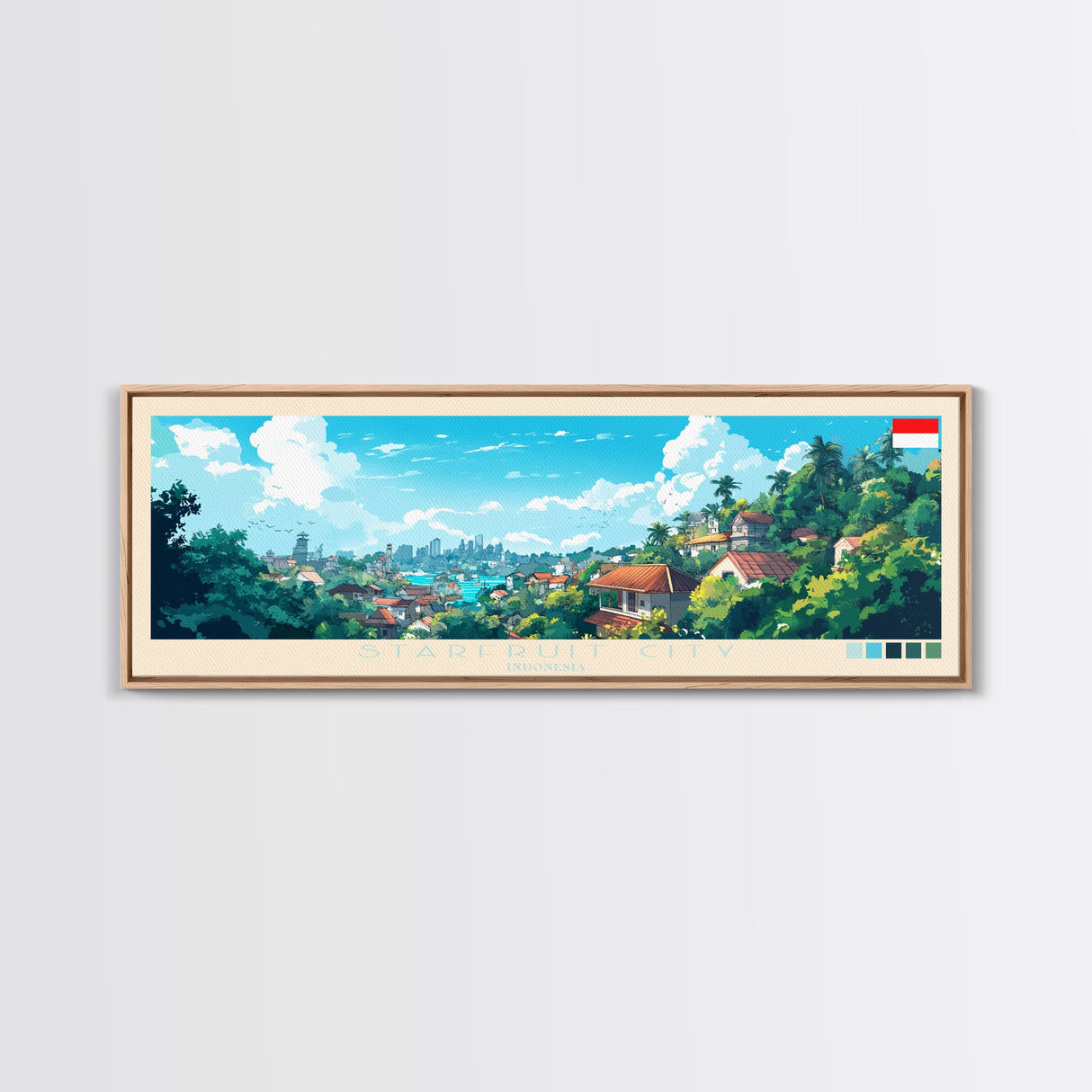 Starfruit City, Indonesia Panoramic Travel Poster Canvas Print, Starfruit City, Indonesia Painting, Indonesia Art, Starfruit City Panoramic Travel Art, Travel Painting