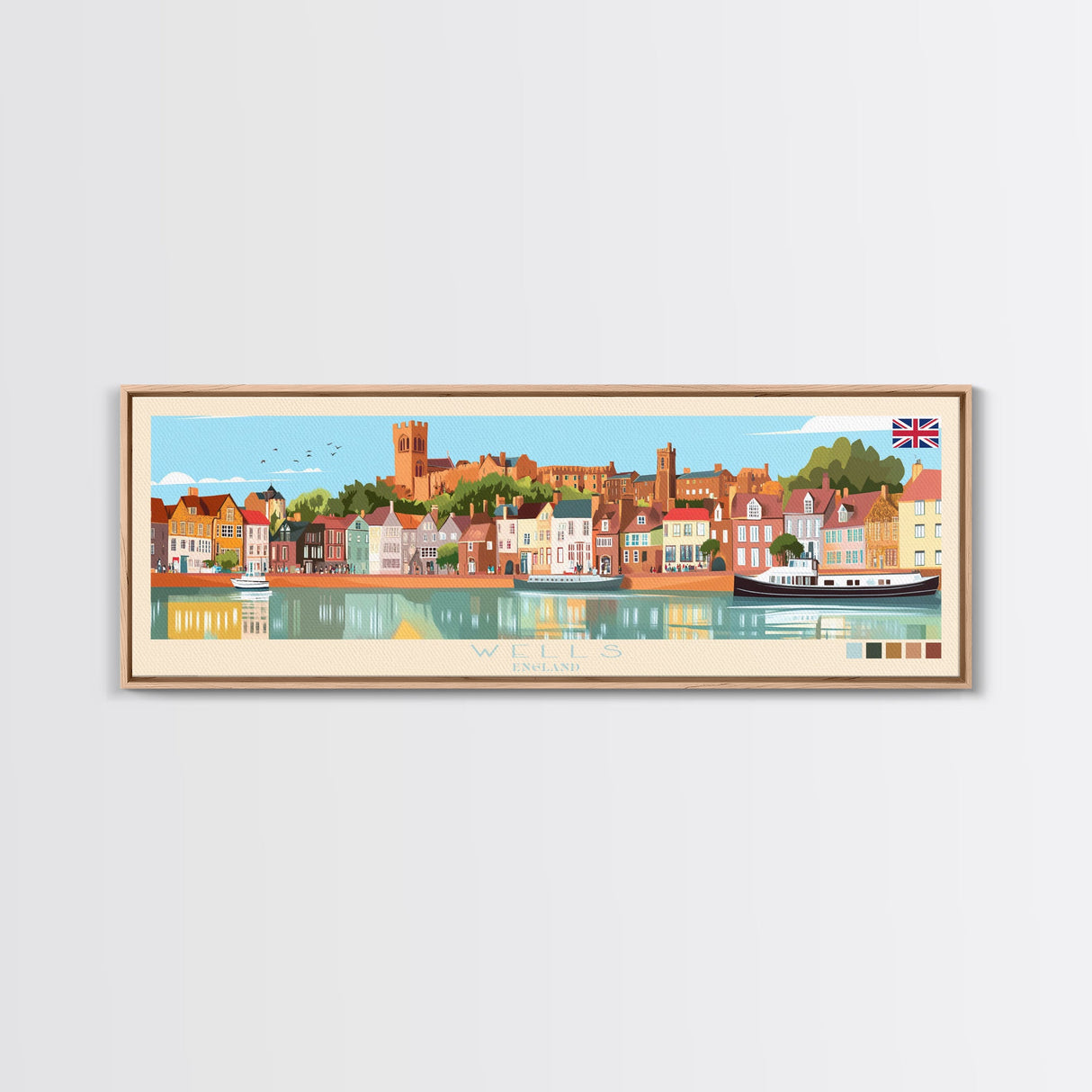 Wells, England Panoramic Travel Poster Canvas Print, Wells, England Painting, England Art, Wells Travel Art, Guest Room Painting