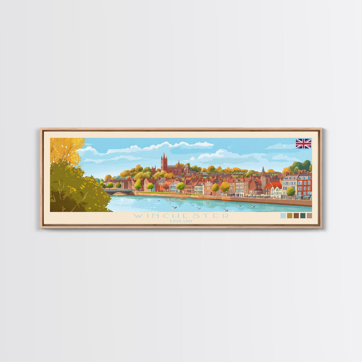 Winchester, England Travel Poster Panoramic Canvas Print, Winchester, England Painting, England Art, Winchester Travel Art, Guest Room Painting