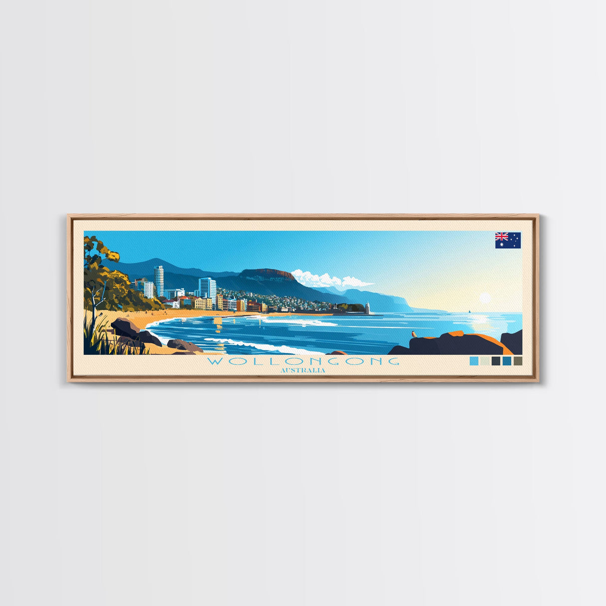 Panoramic Travel Poster Wollongong, Australia Canvas Print, Wollongong, Australia Painting, Australia Art, Wollongong Travel Art, Guest Room Painting